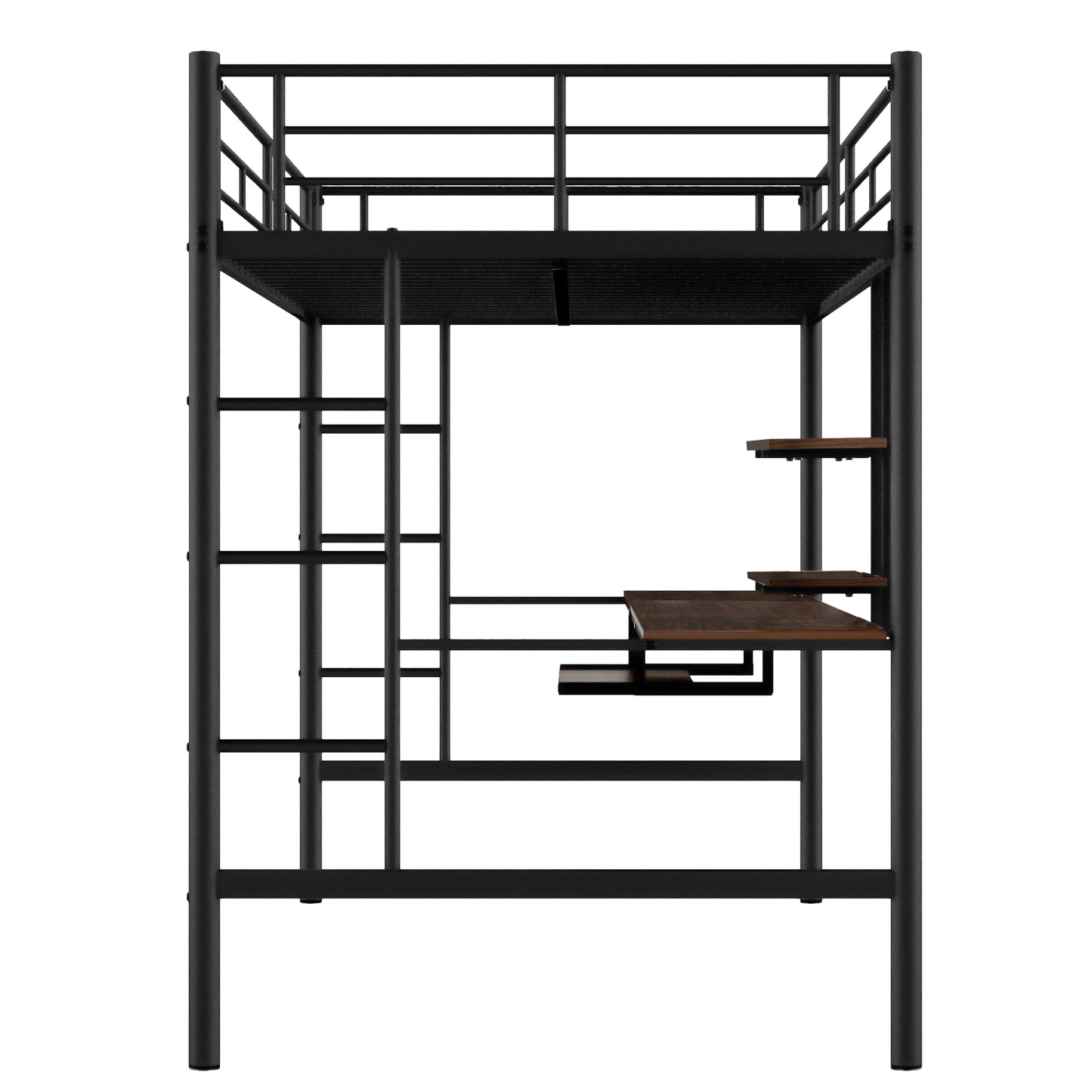 Black metal loft bed with integrated desk and ladders