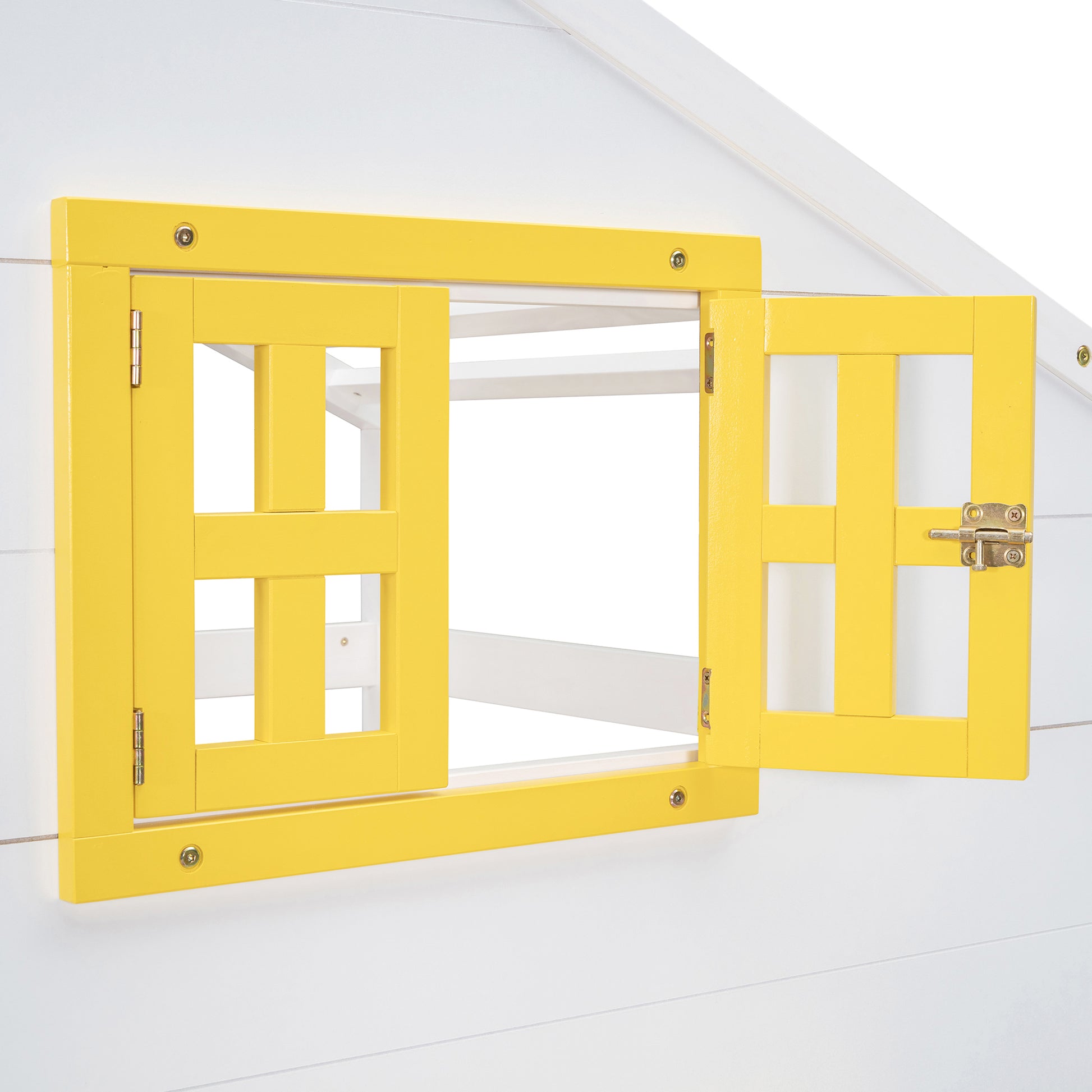 Yellow wooden playhouse window with open shutter