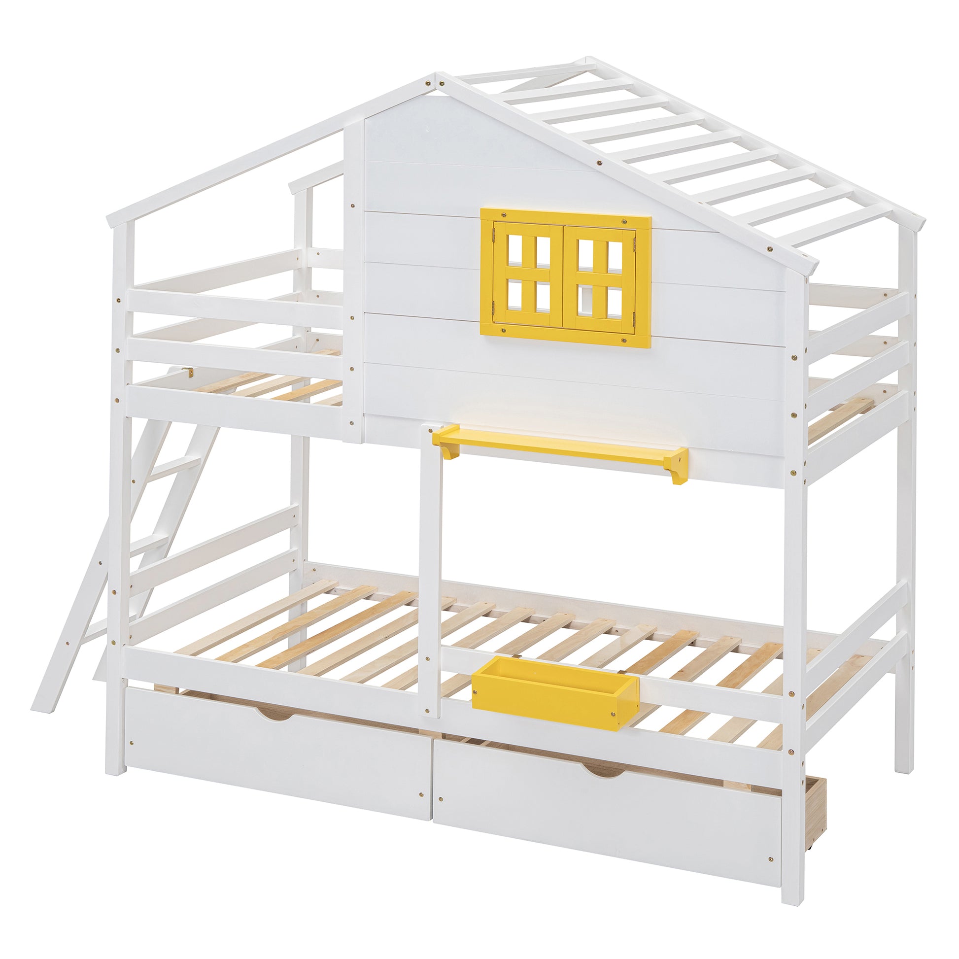 White wooden house bunk bed with yellow accents