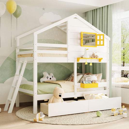 White wooden house bunk bed with ladder and storage drawers
