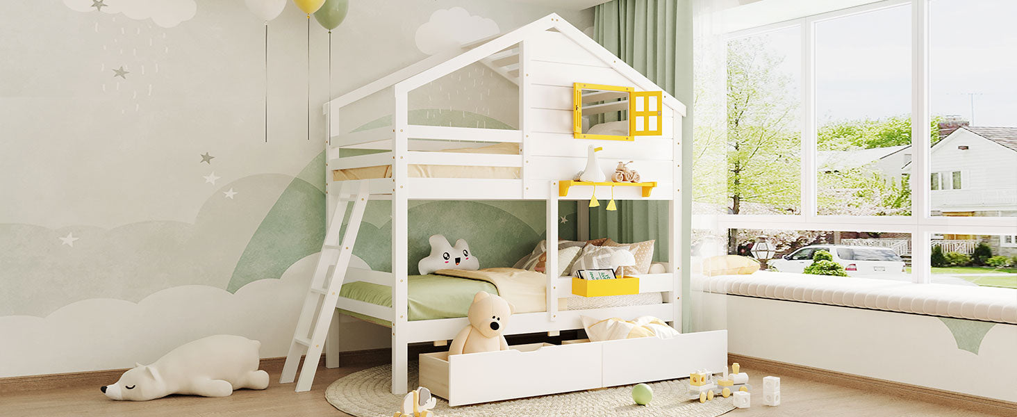 White wooden houseshaped bunk bed with yellow accents for kids
