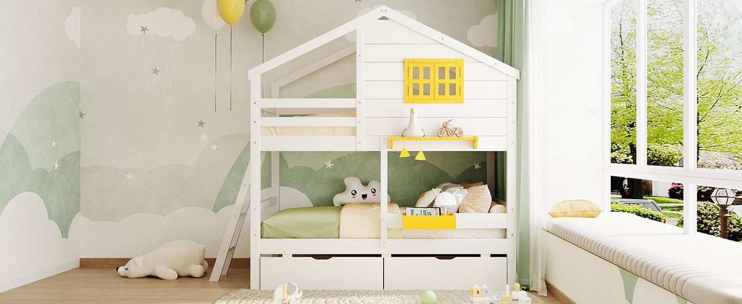 White wooden houseshaped bunk bed with yellow accents and cloud wallpaper