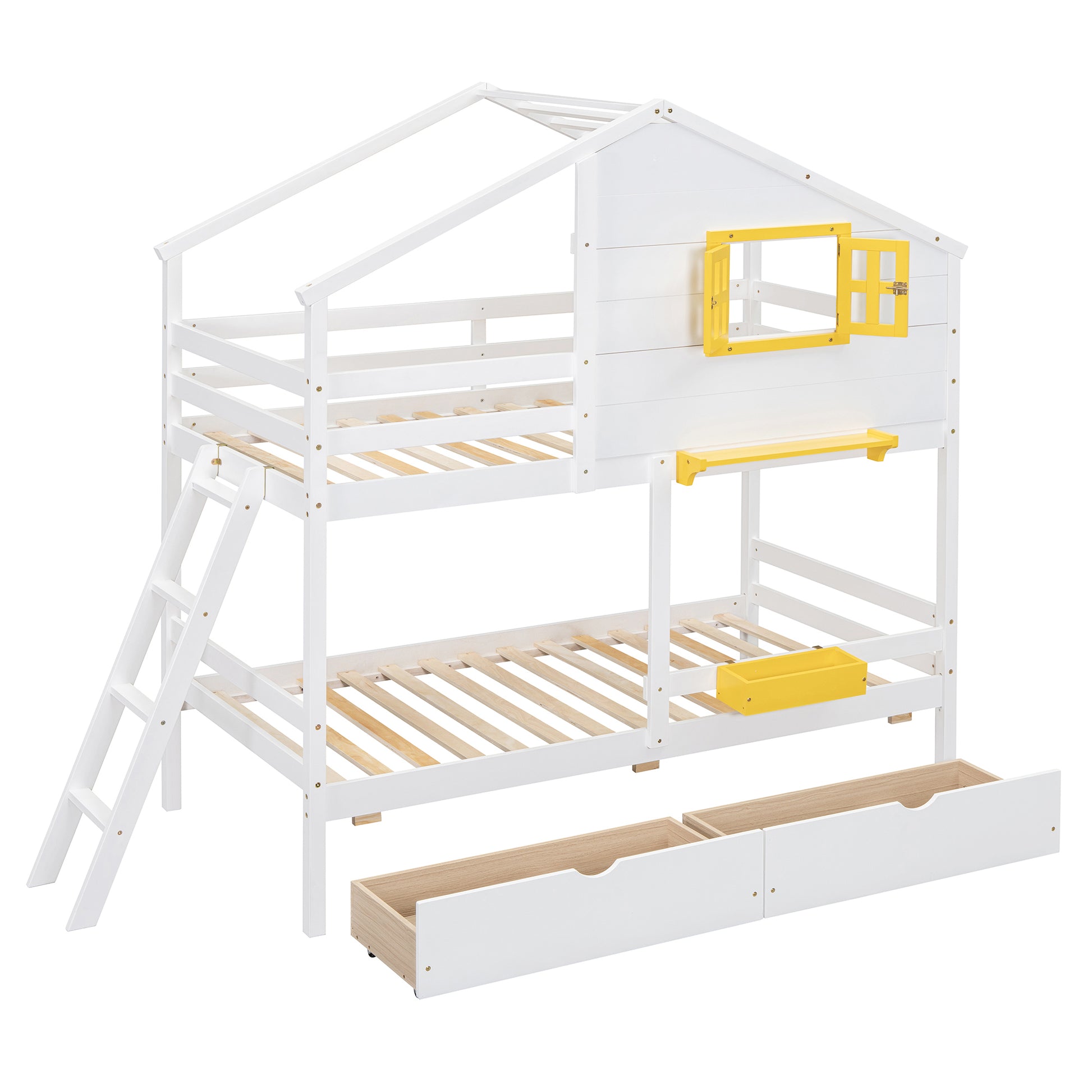 White wooden houseshaped bunk bed with yellow window accents and storage drawers