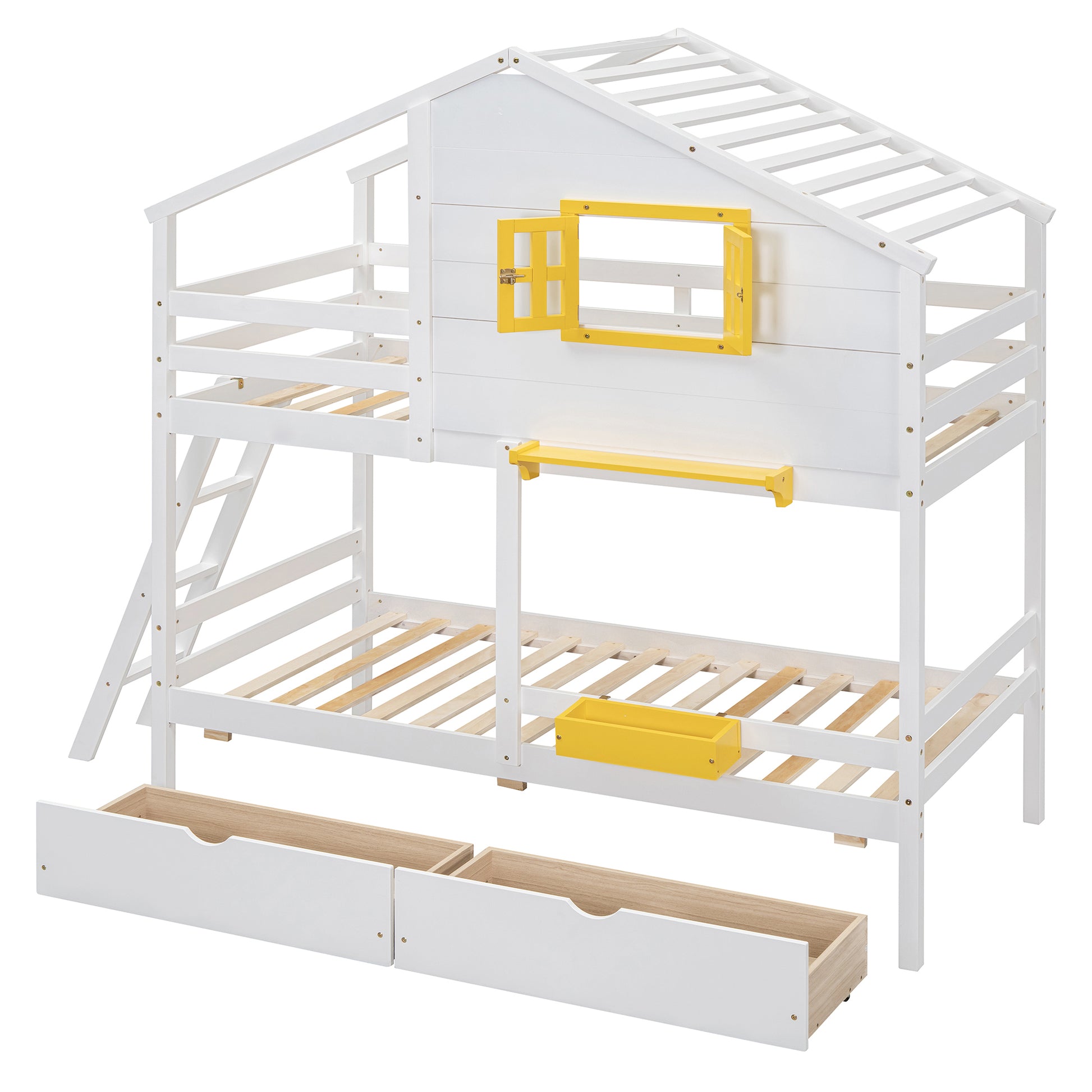 White wooden bunk bed with yellow accents and storage drawers