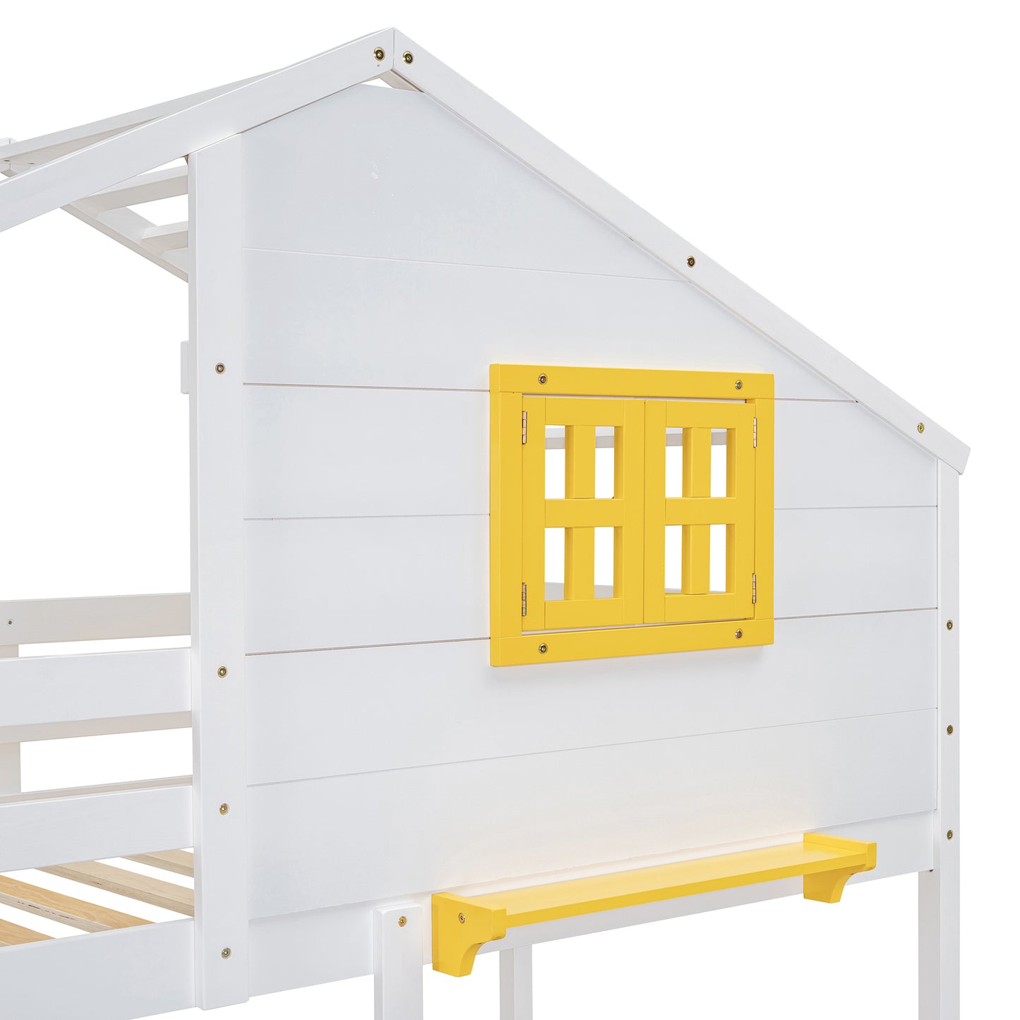 White wooden playhouse bed with yellow window and shelf
