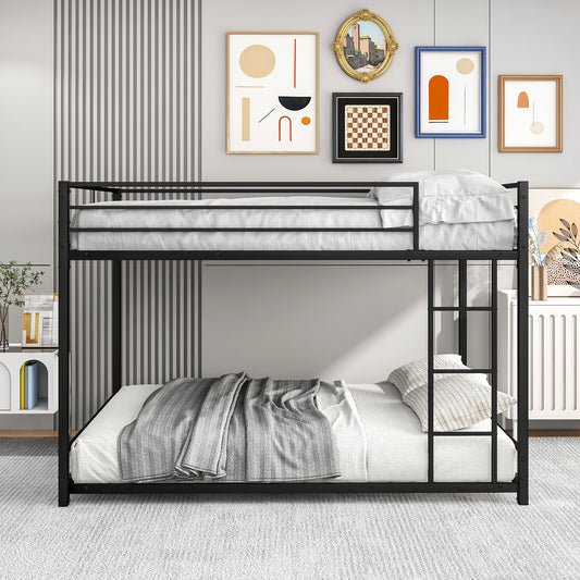 Black metal twin over twin bunk bed with white linens and grey throws