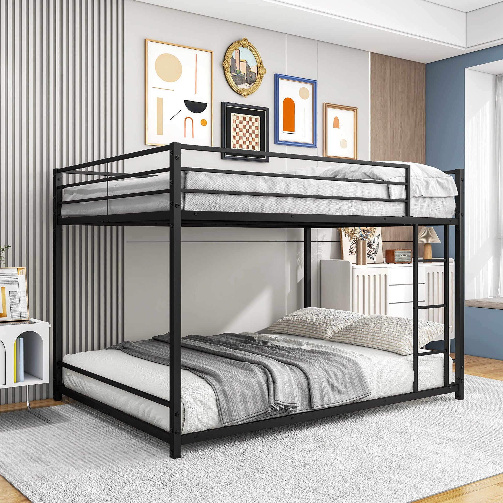Black metal twin over twin bunk bed with white bedding and gray throws