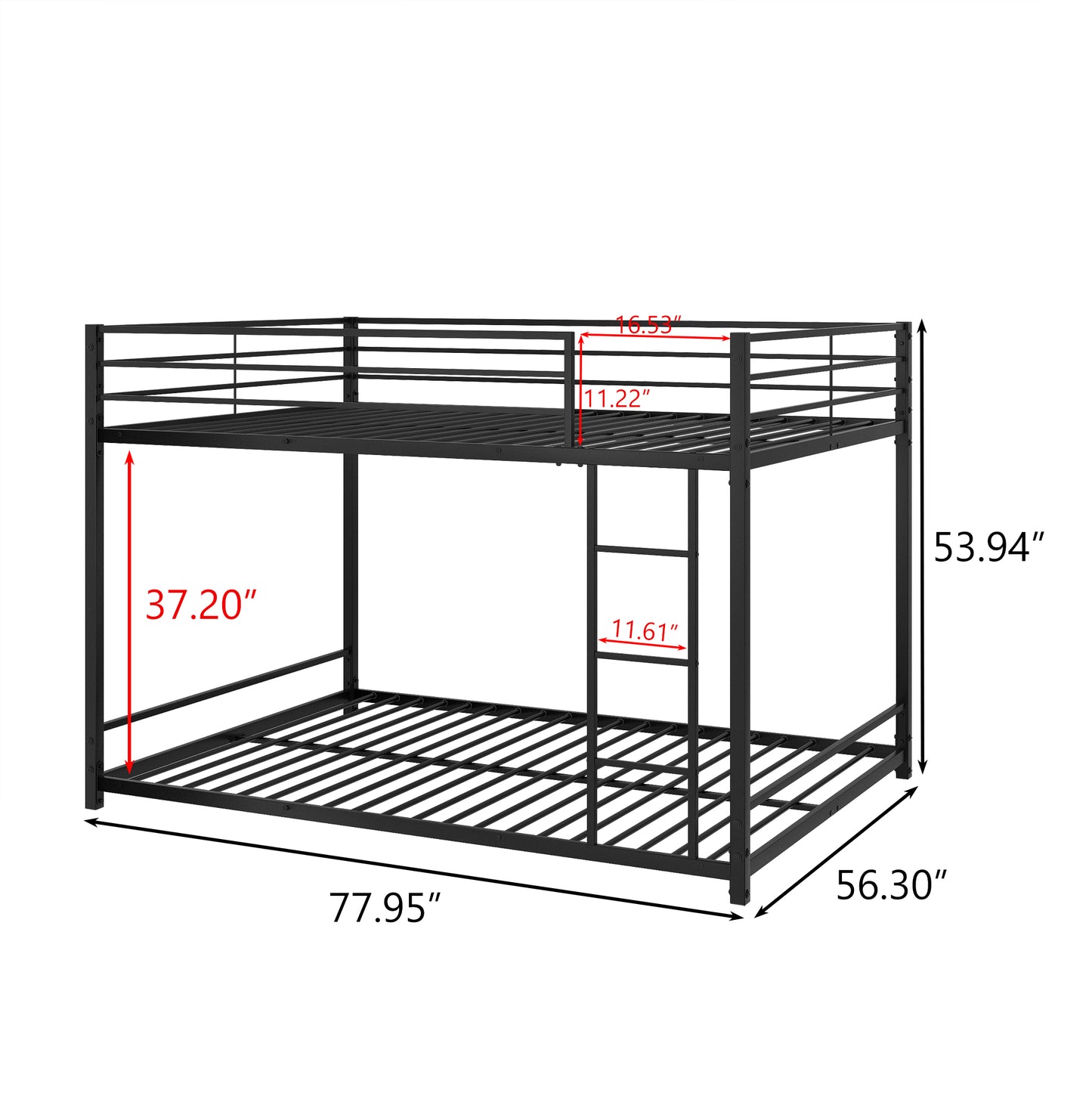 Black metal bunk bed with ladder and dimensions shown