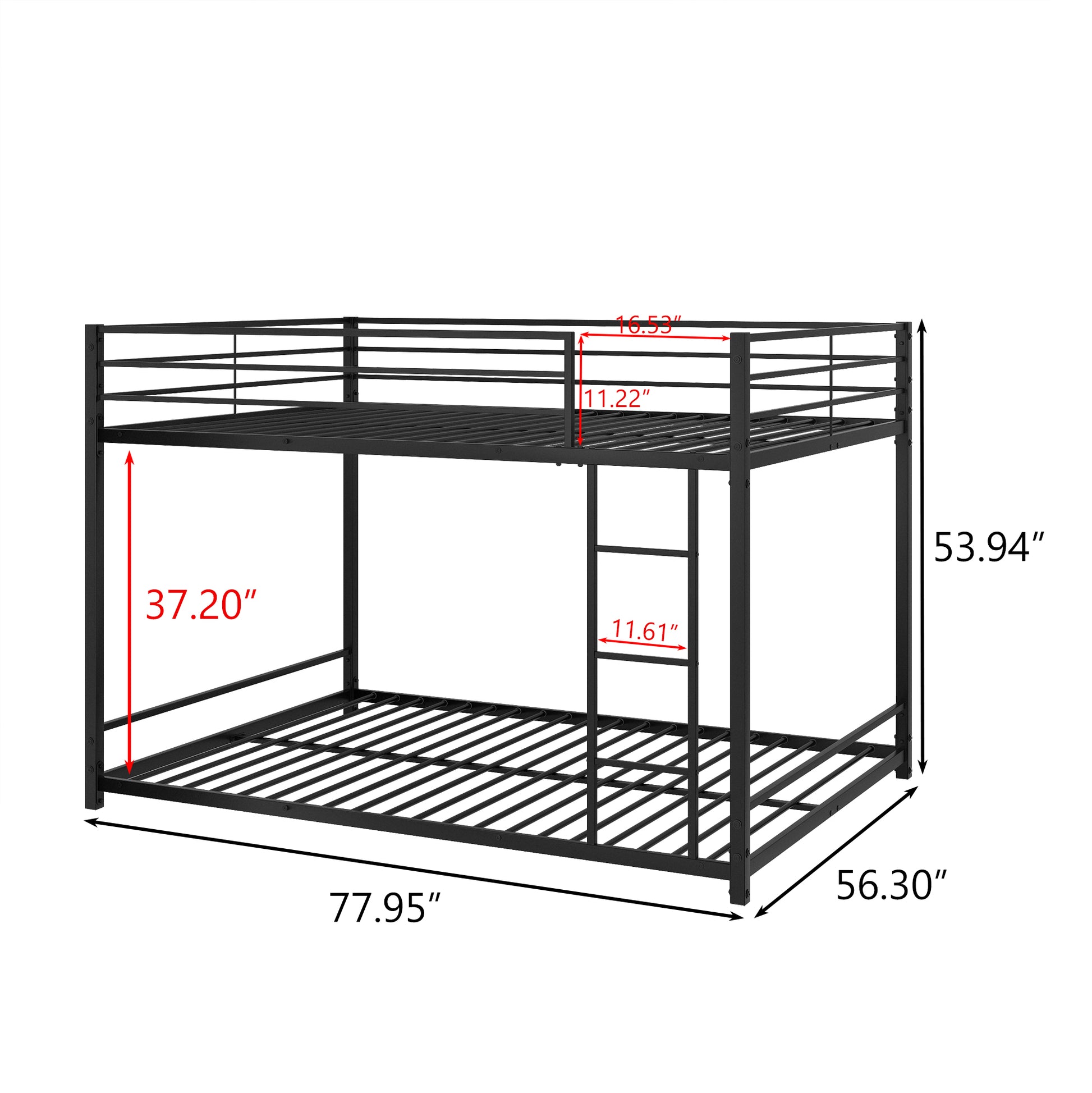Black metal bunk bed with ladder and dimensions shown