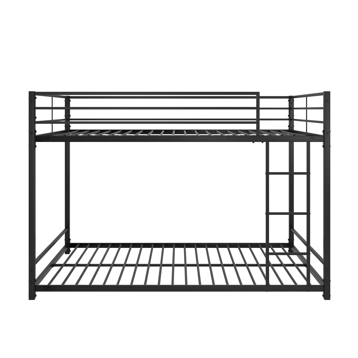 Black metal twin over twin bunk bed with ladder and safety rails