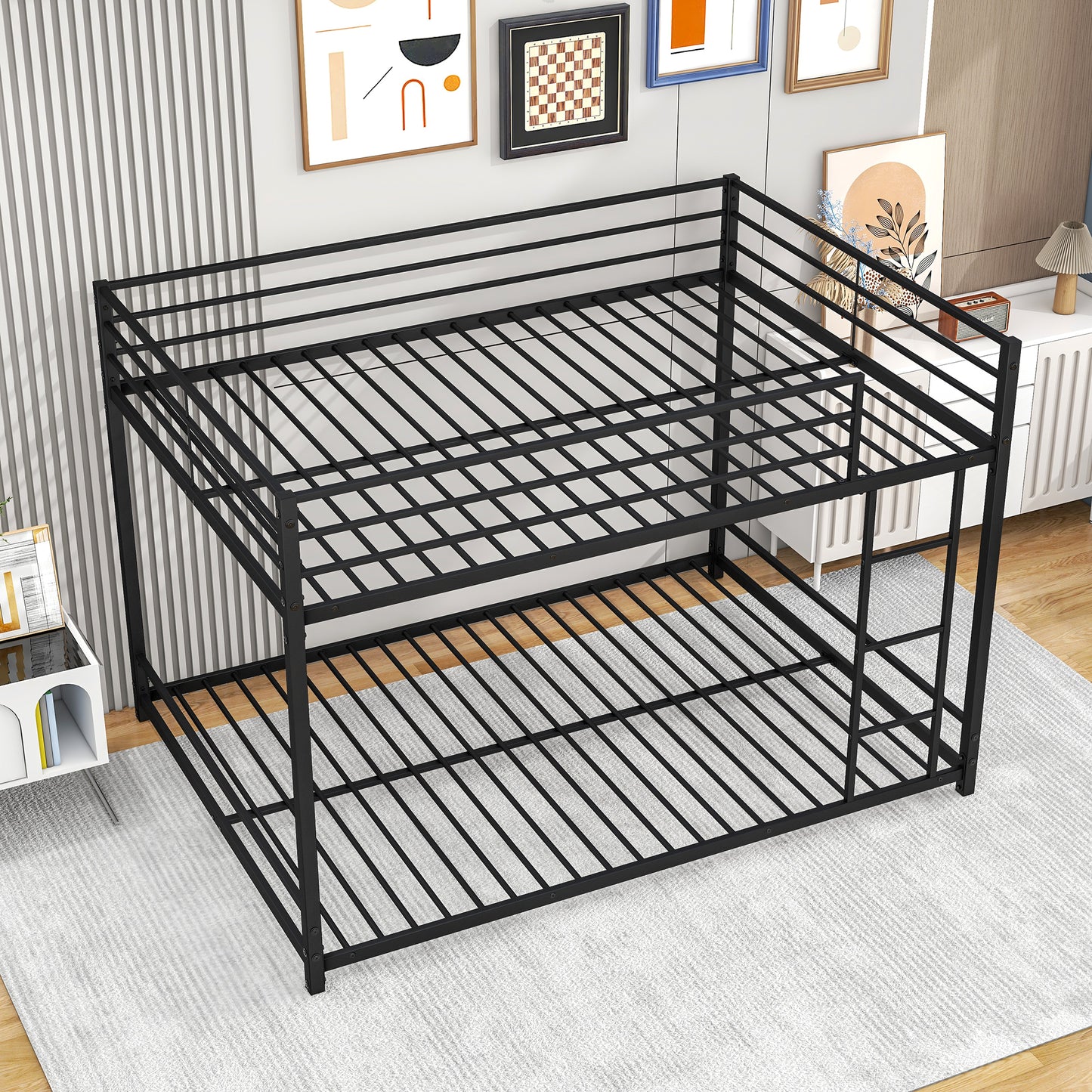 Black metal twin over twin bunk bed with ladder