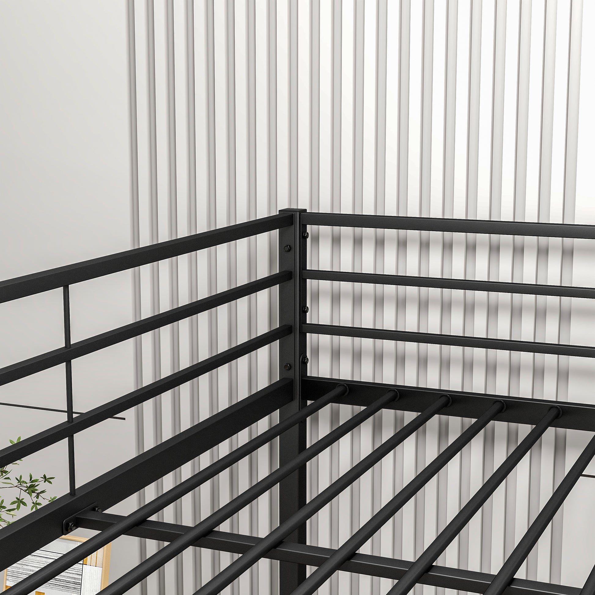 Black metal twin bed frame with supportive slats for mattress