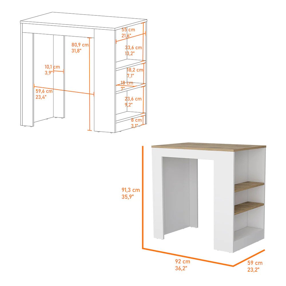 White bar table with wood top and open shelves