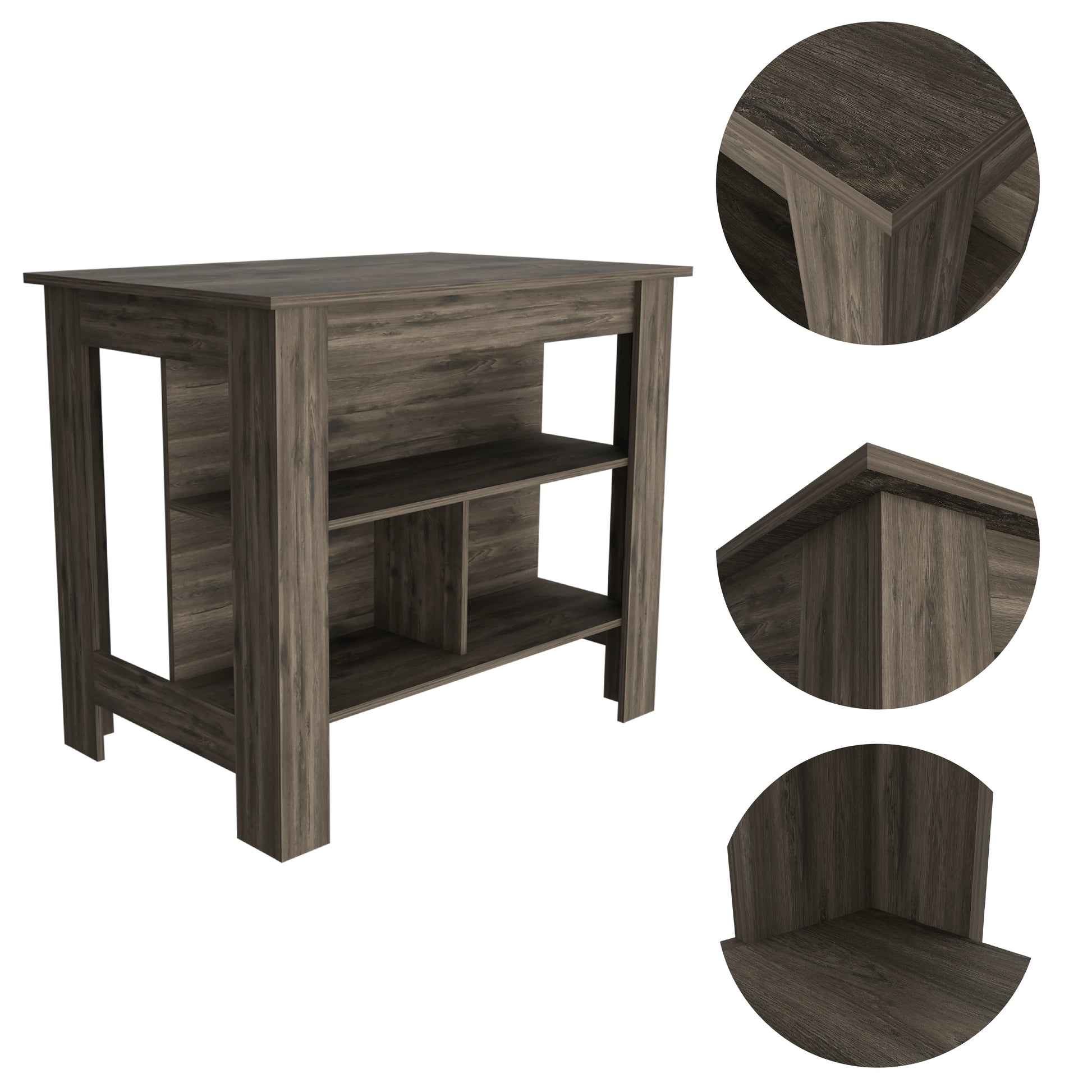 Gray wood kitchen island with open shelving