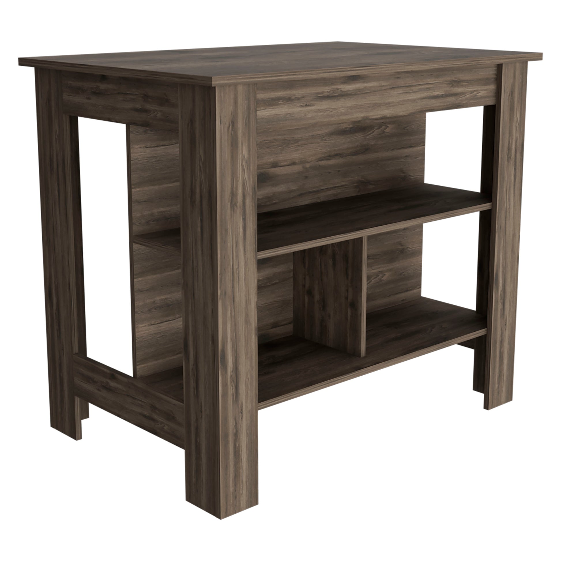 Dark brown wood console table with open shelving and clean lines