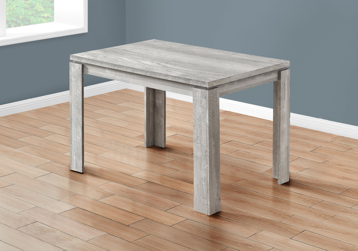 Rustic grey wood grain dining table with sturdy square legs