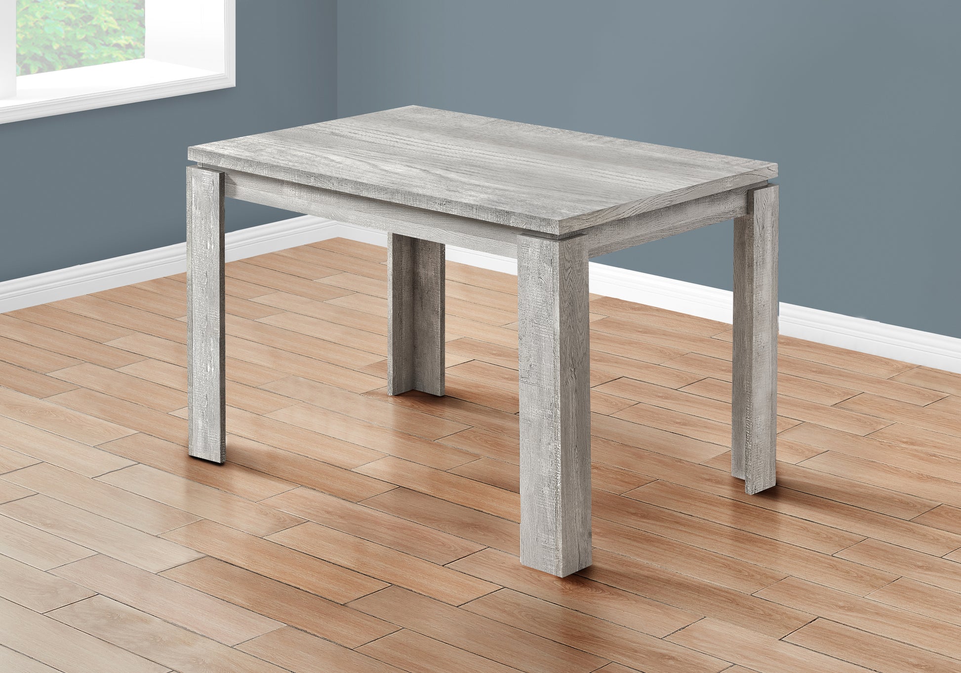 Rustic grey wood grain dining table with sturdy square legs