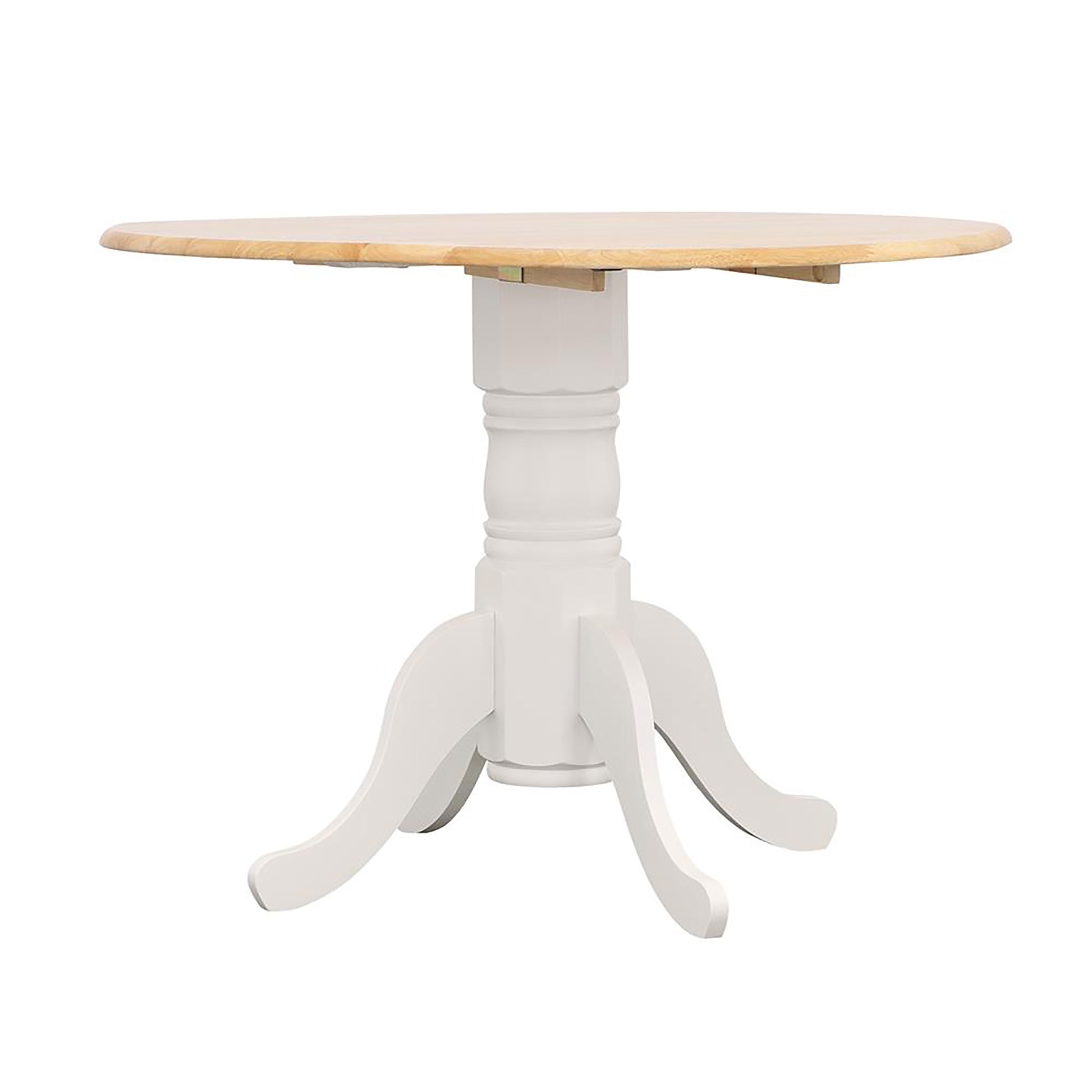 Light wood round pedestal dining table with white base