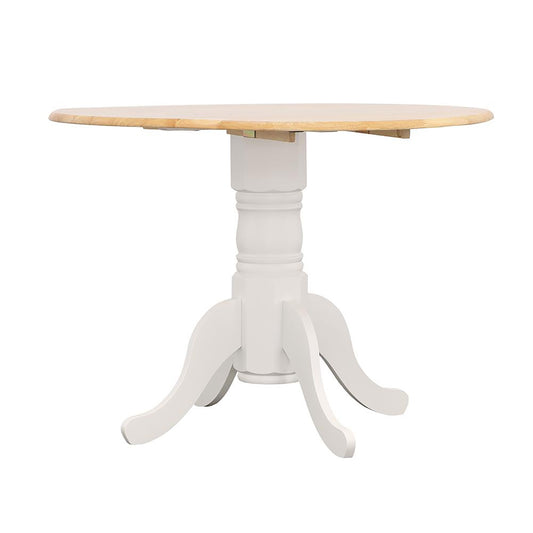 Light wood round pedestal dining table with white base