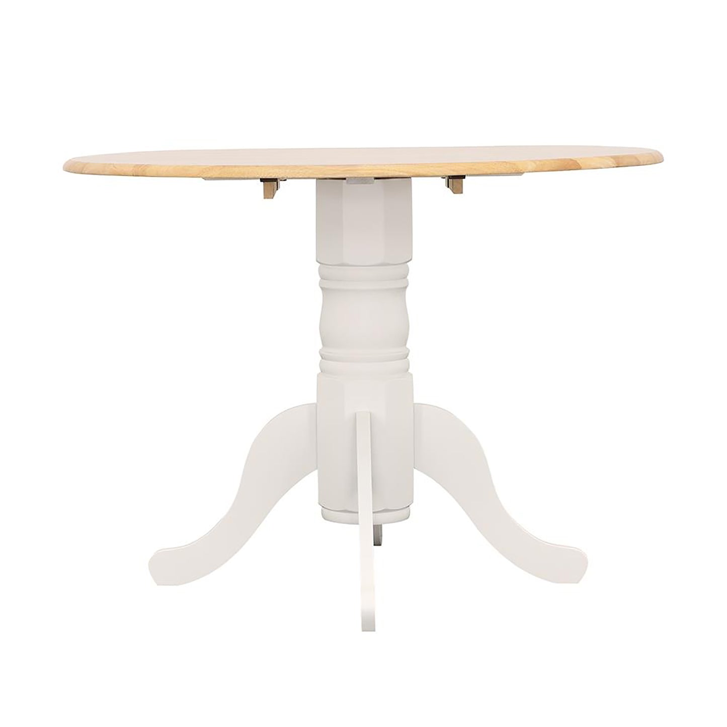 White pedestal dining table with light wood top
