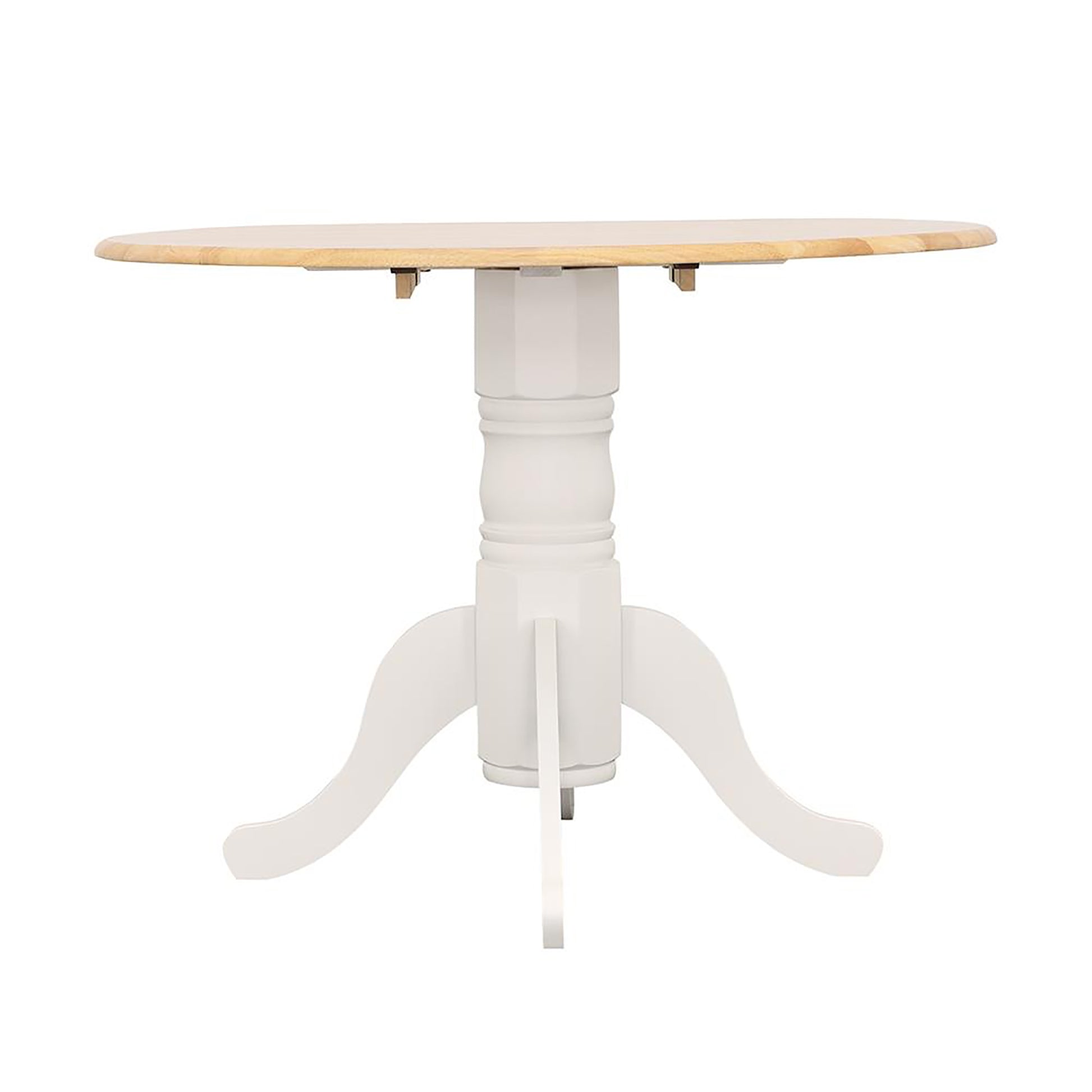 White pedestal dining table with light wood top