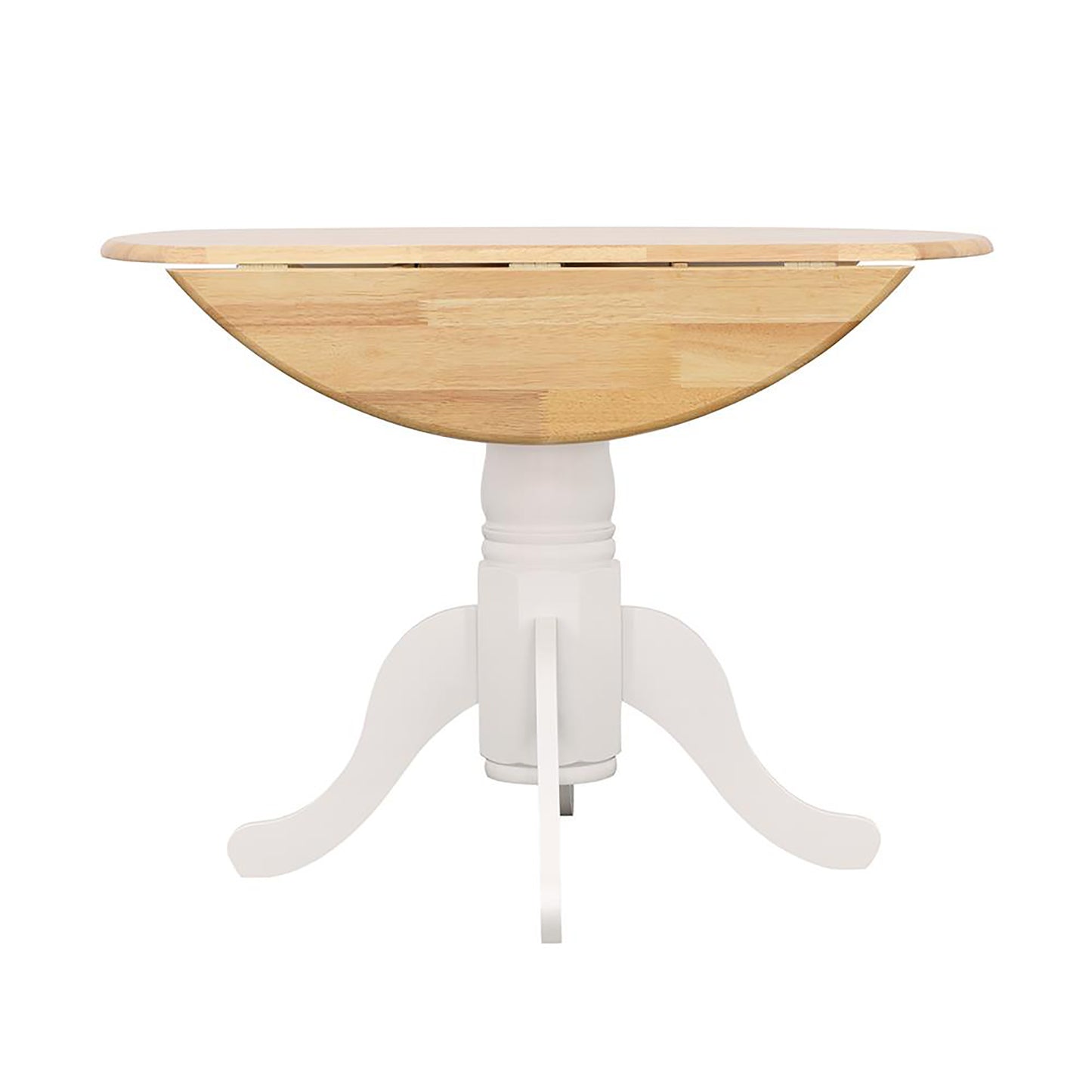 Round wood drop leaf table with white pedestal base for small dining spaces