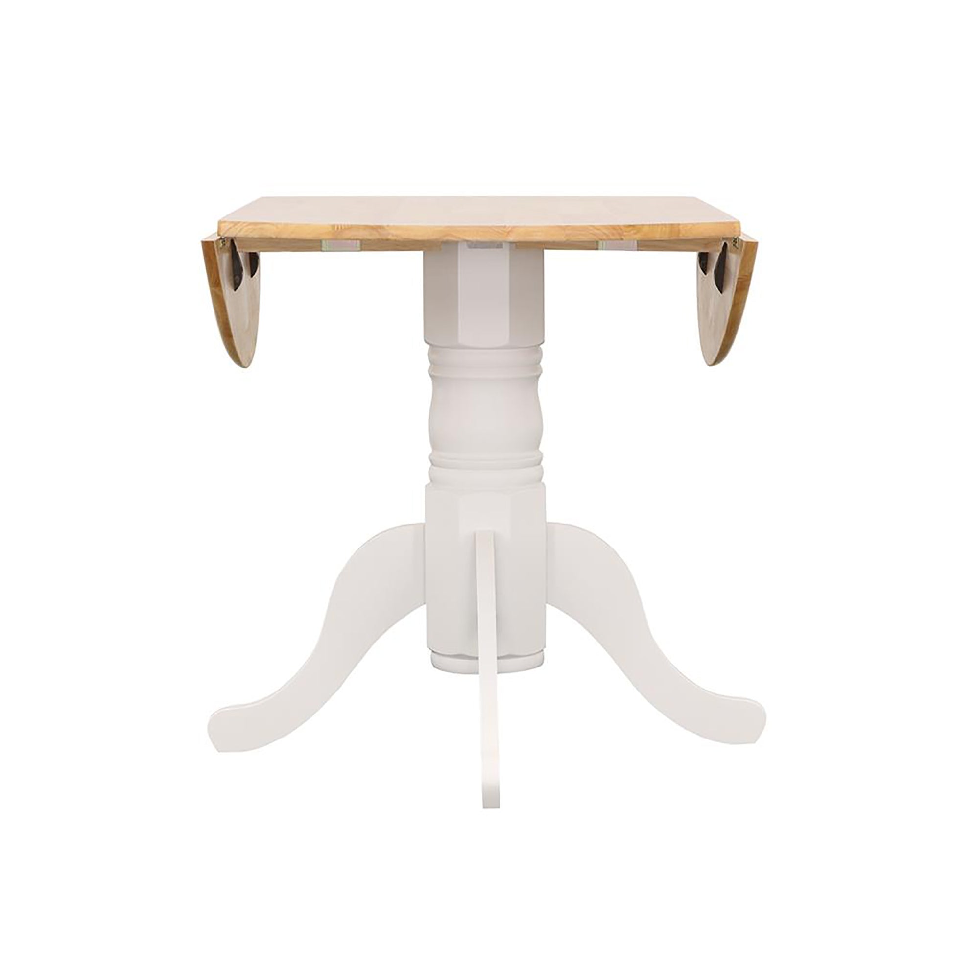 White pedestal dining table with natural wood drop leaves and a carved base