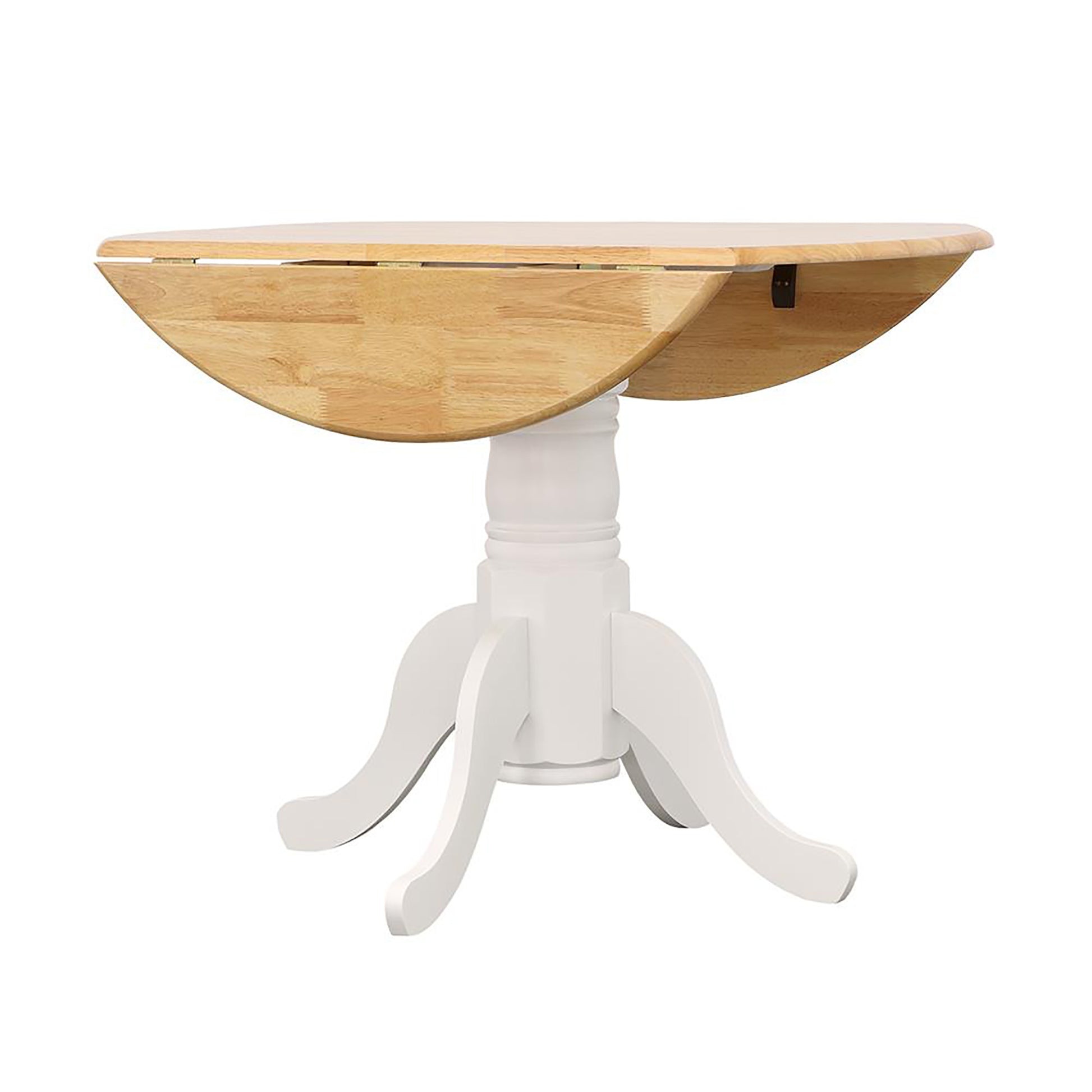 Round drop leaf dining table with light wood top and white pedestal base