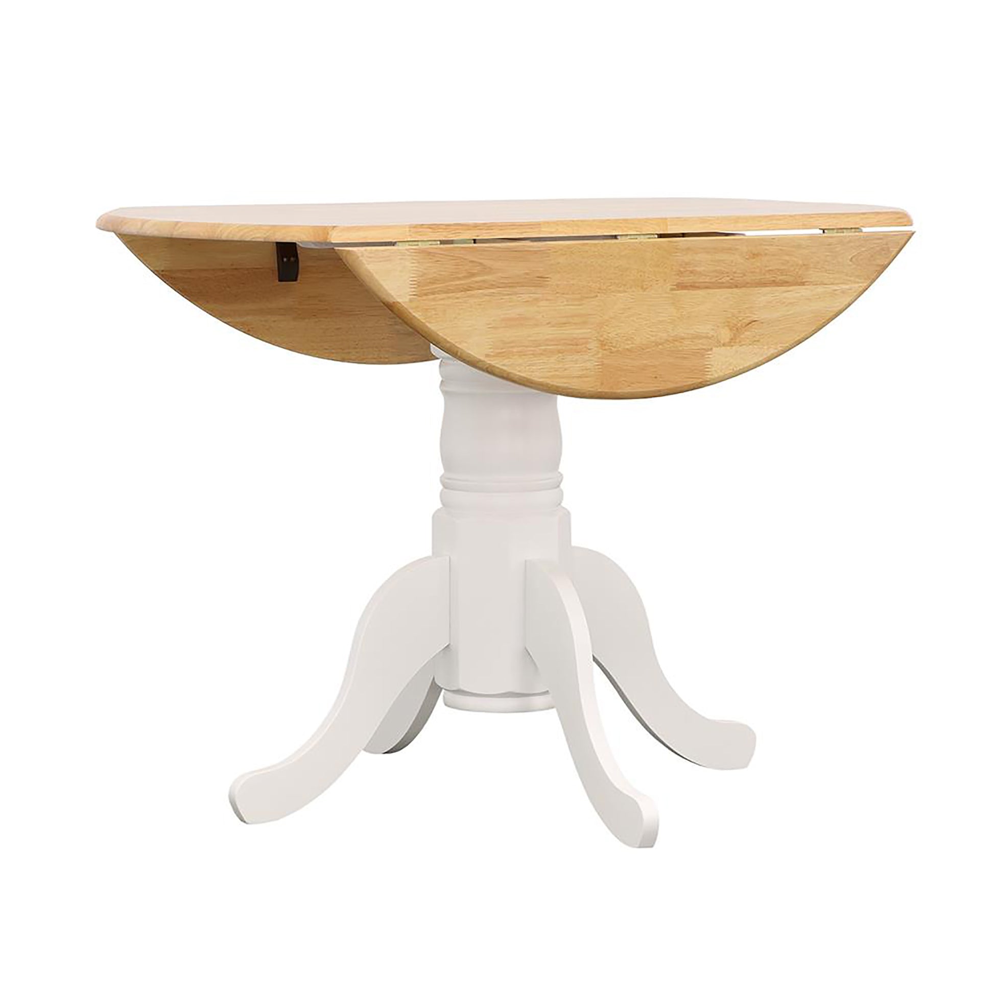 White pedestal dining table with drop leaf natural wood top