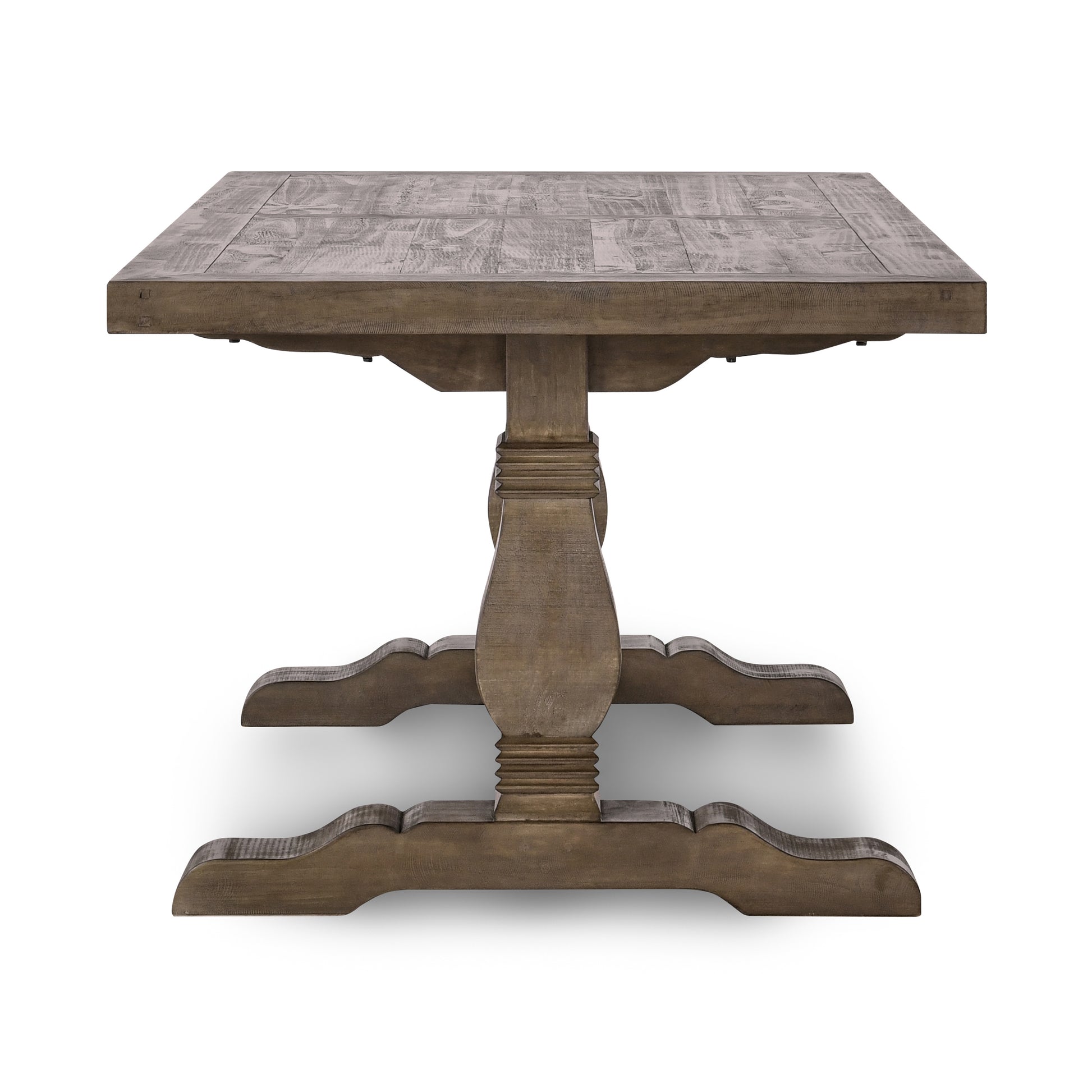 Rustic reclaimed wood dining table with pedestal base
