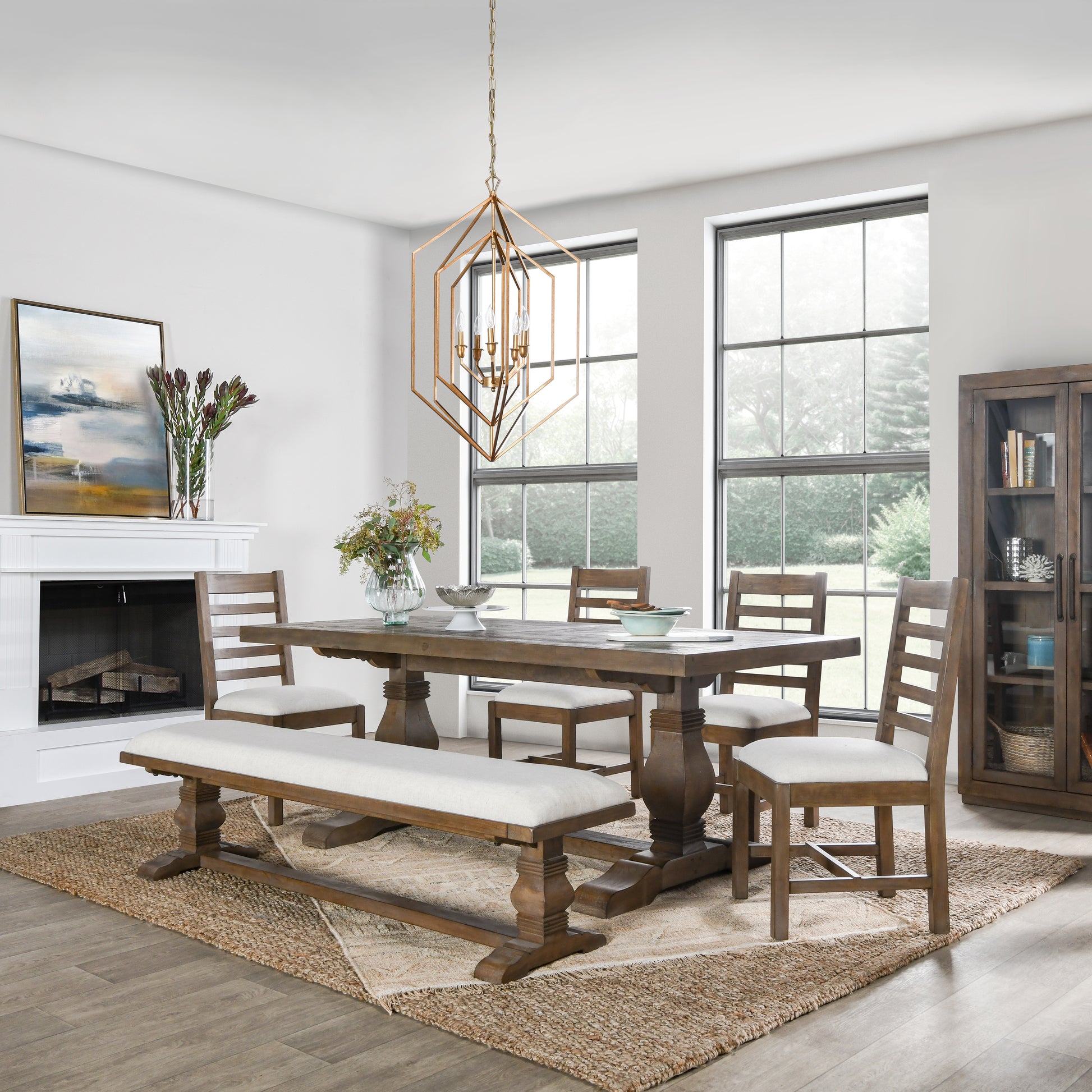 Rustic oak dining table with upholstered bench and chairs