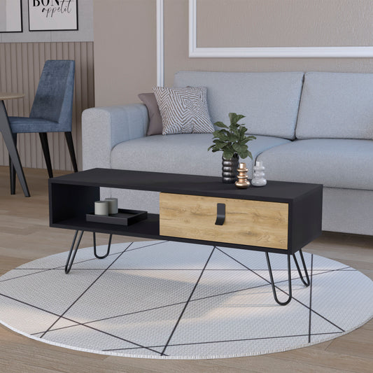 Black and wood grain coffee table with hairpin legs
