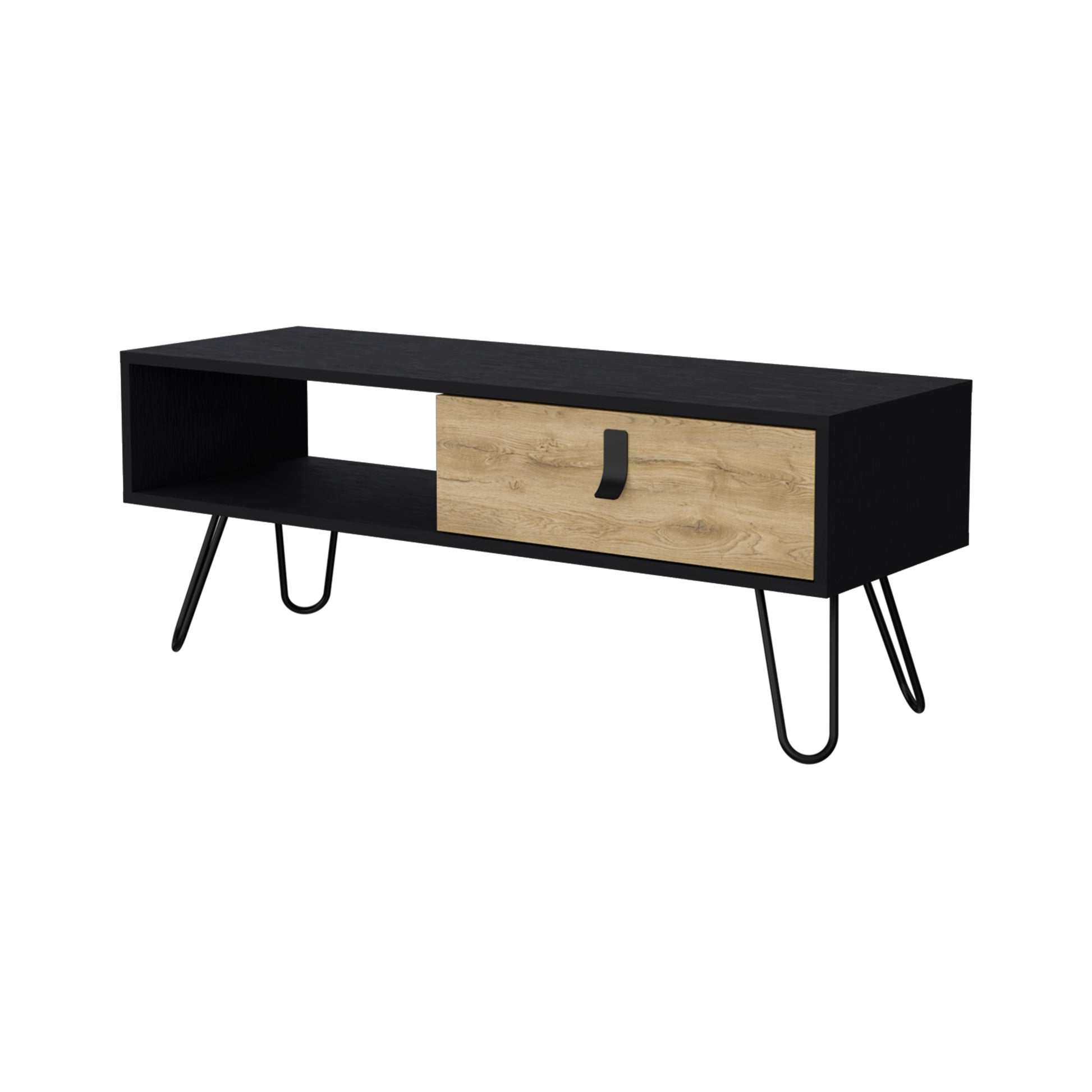 Modern black TV stand with light wood drawer and hairpin legs