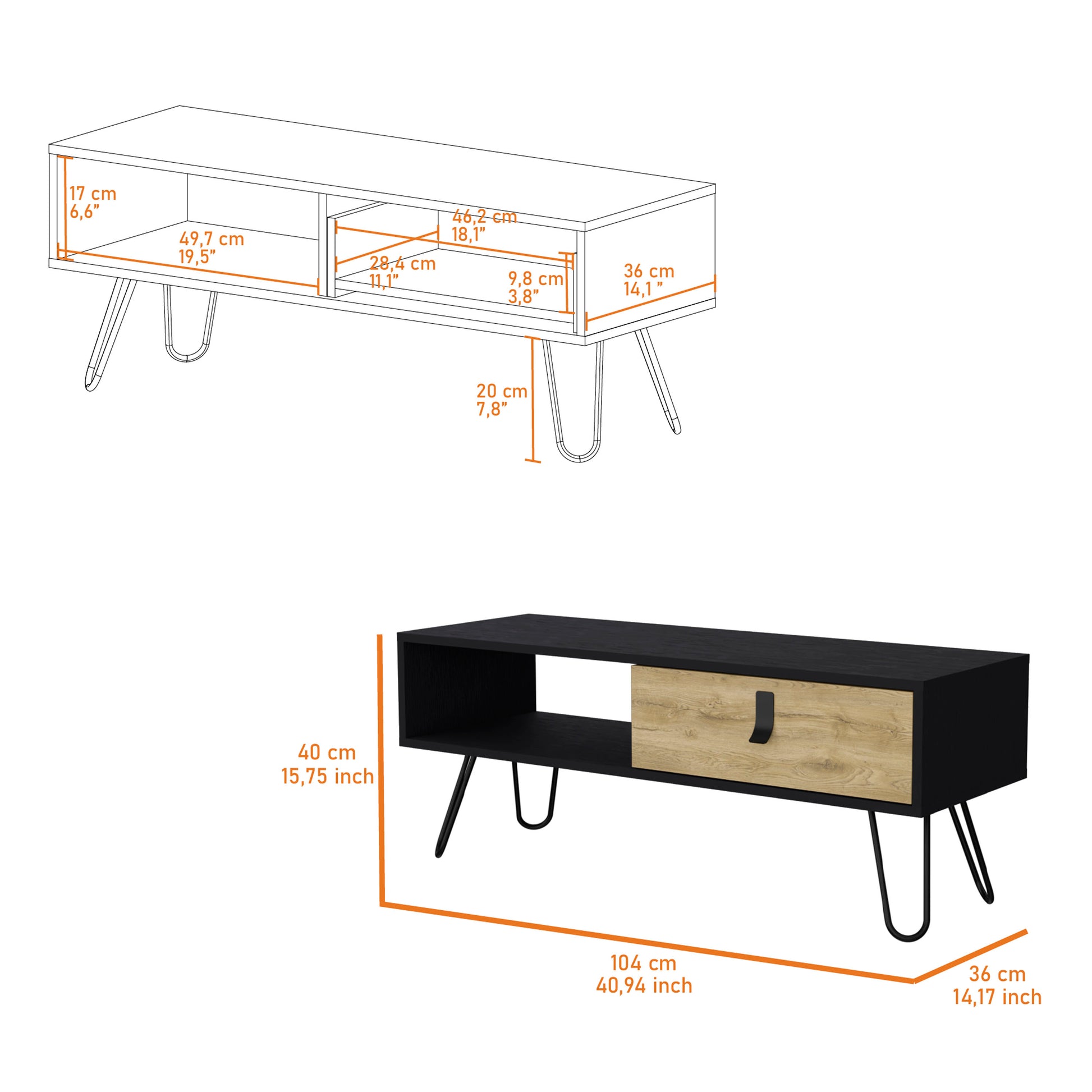 Black and oak TV stand with single drawer and open shelving