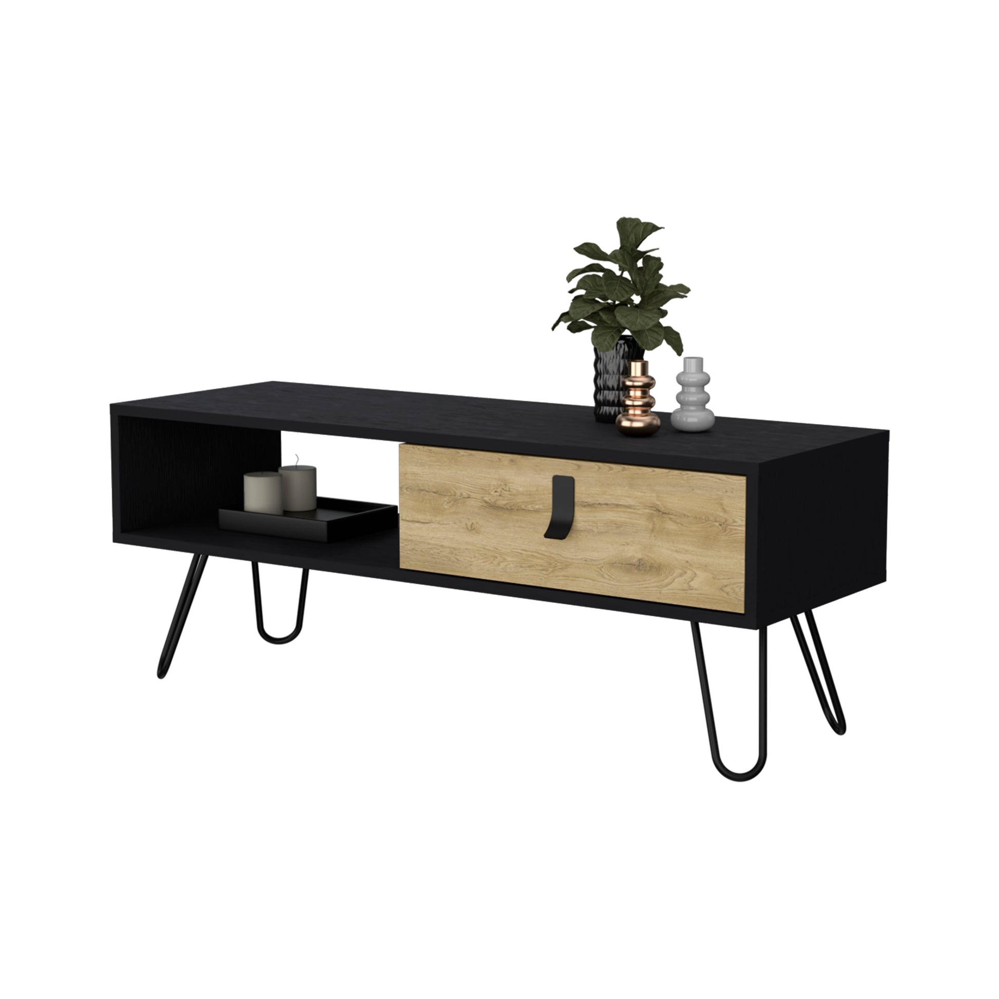 Black wood TV stand with natural wood drawer and hairpin legs