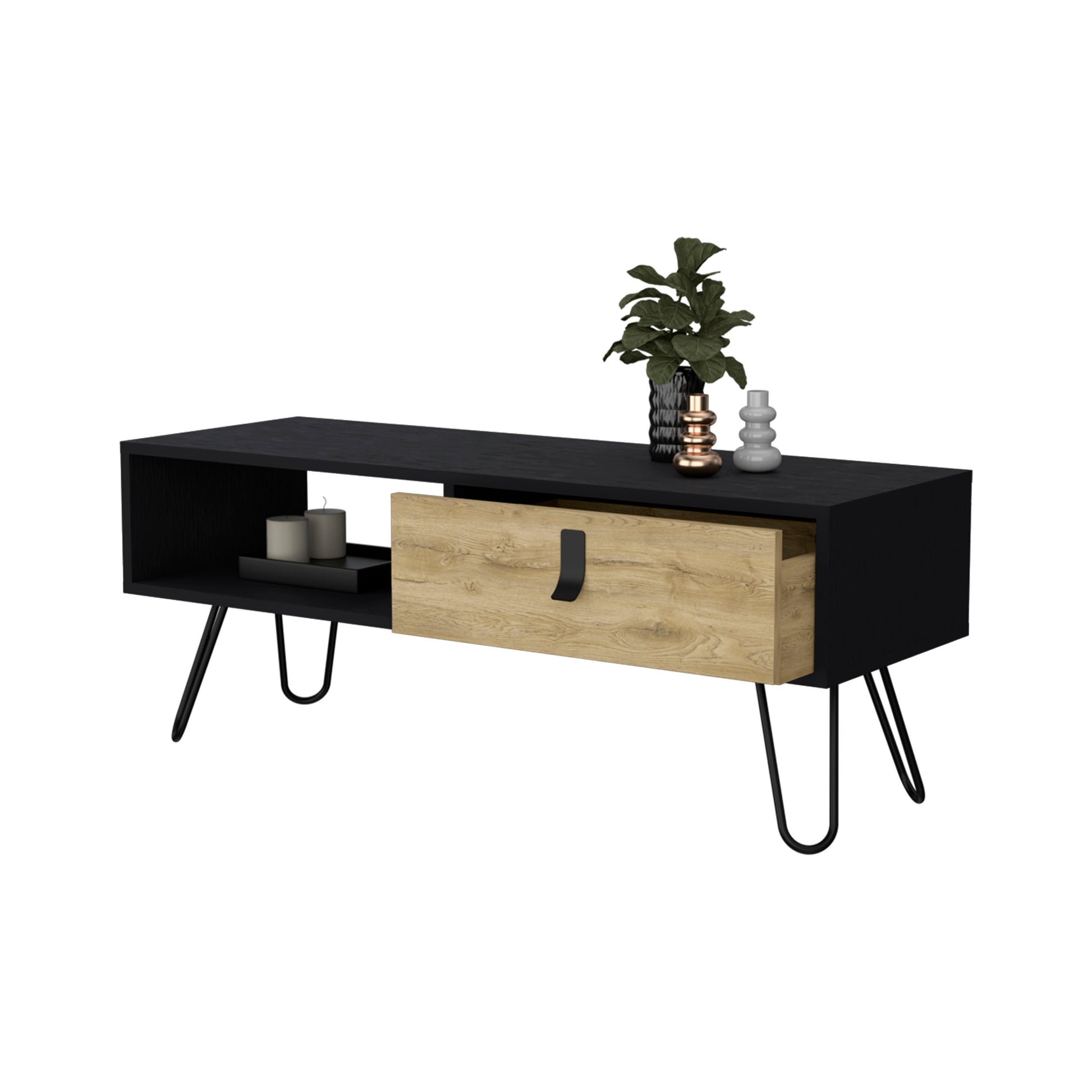 Black and oak modern media console with hairpin legs