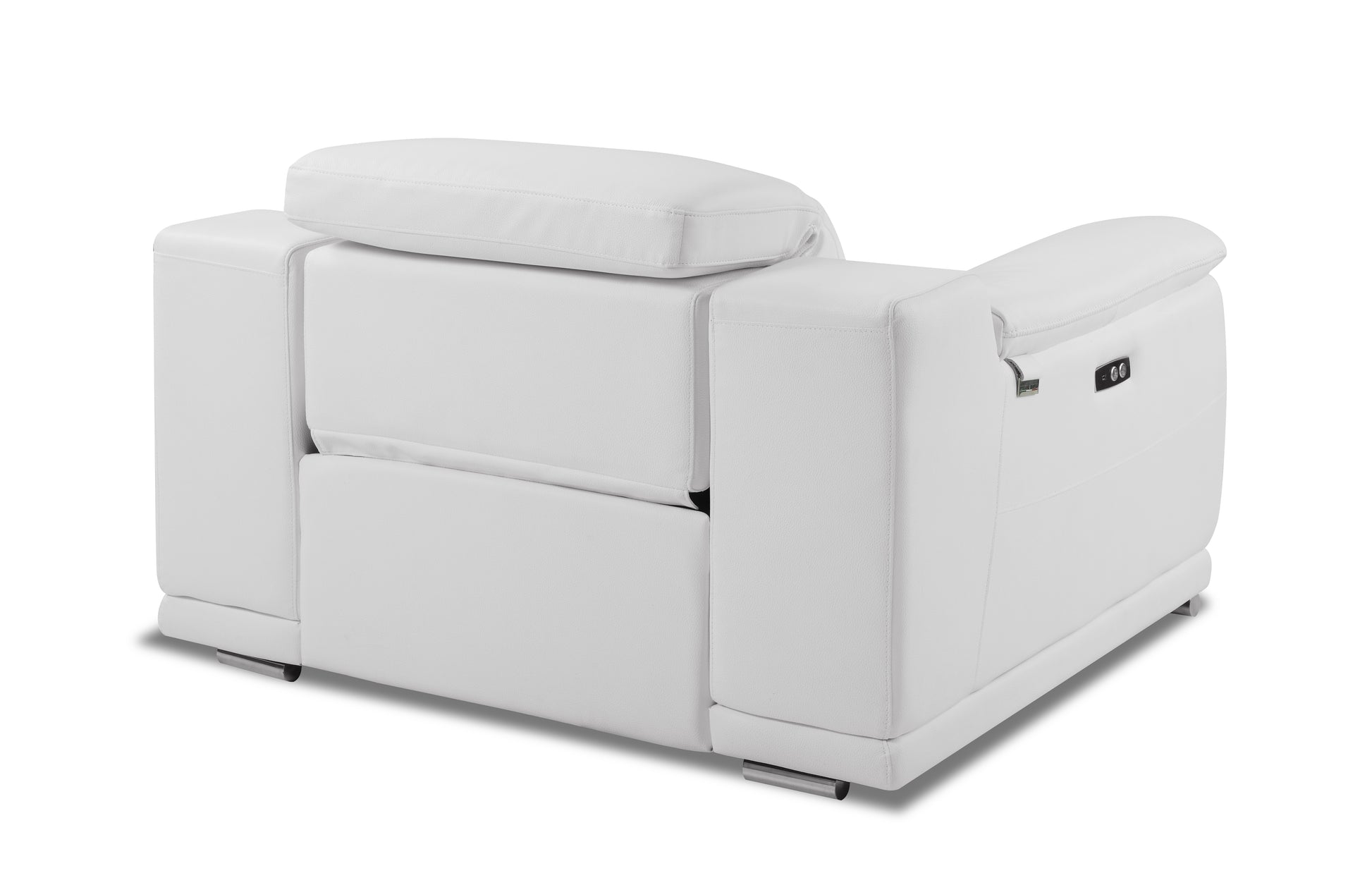 White leather power recliner armchair with adjustable headrest and chrome legs