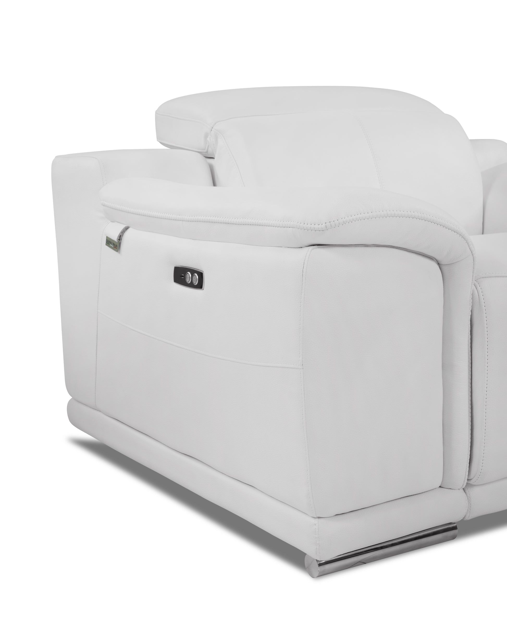 White leather power reclining armchair with adjustable headrest and side controls