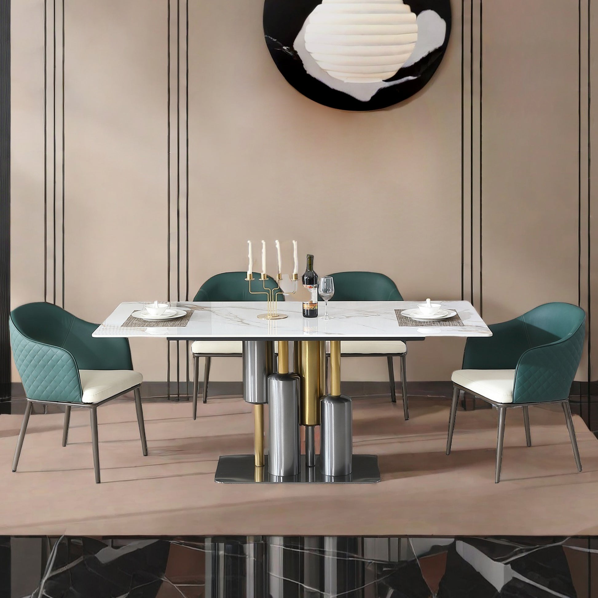 Modern dining table with white marble top and gold pedestal base