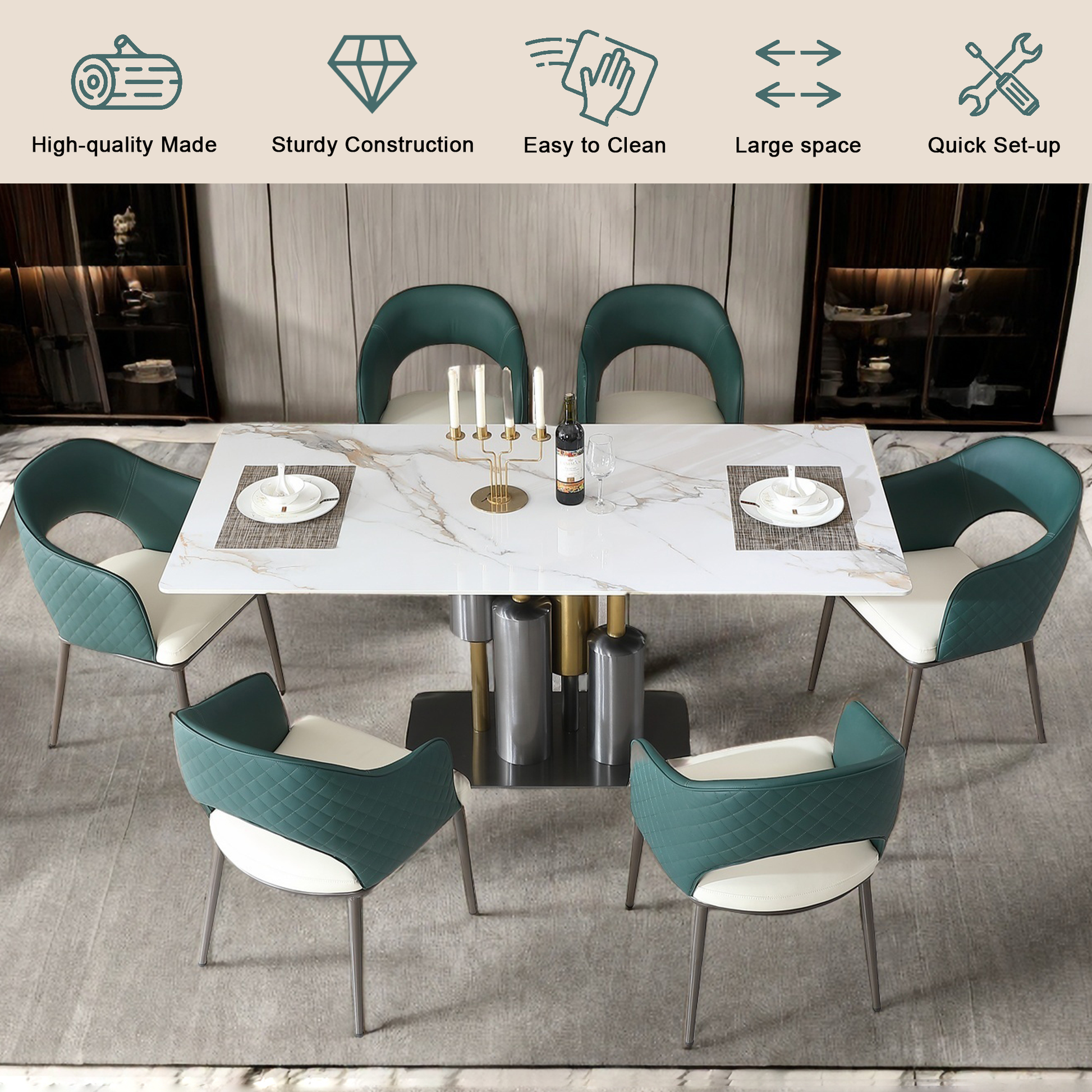 Modern dining table set with teal upholstered chairs and marble top