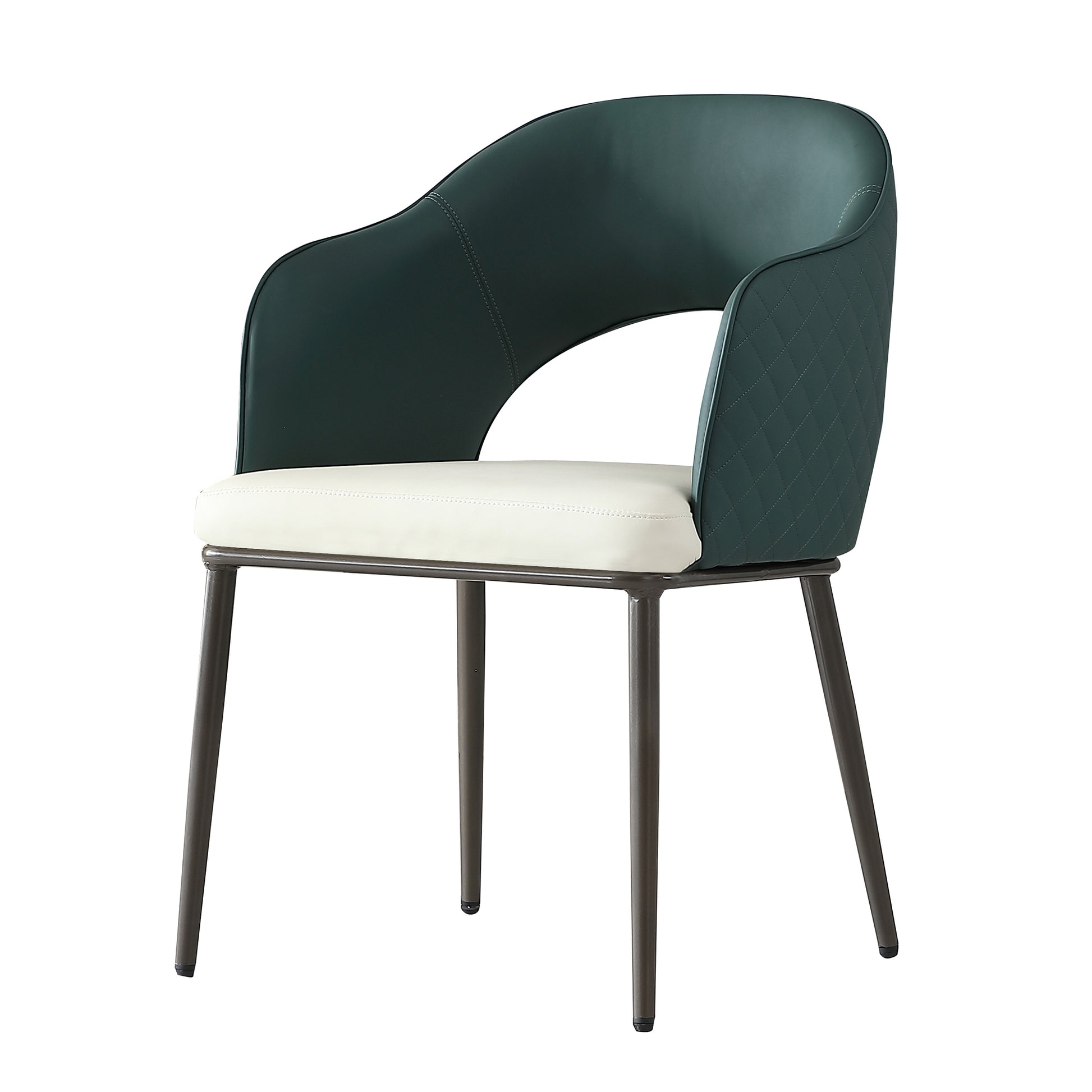 Dark green upholstered chair with ivory seat cushion and metal legs