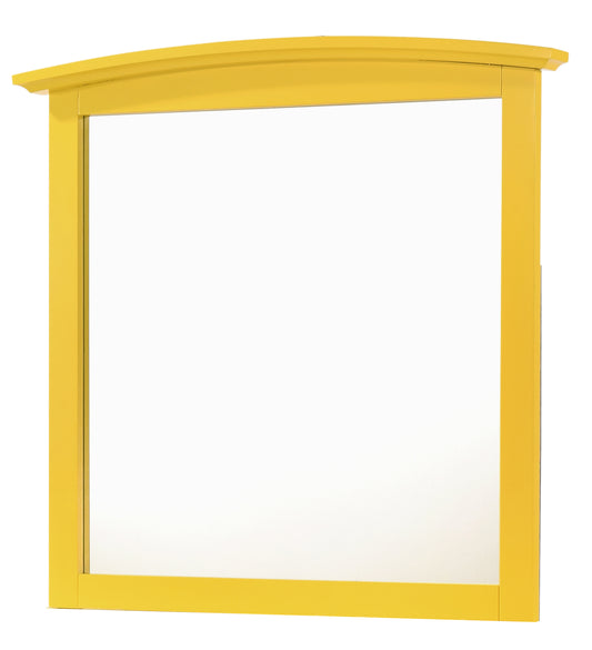 Modern yellow framed rectangular mirror with a curved top
