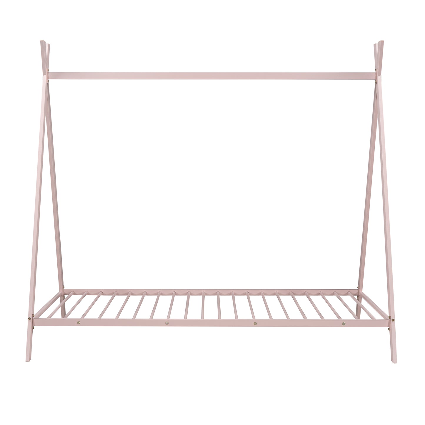 Pink metal Aframe clothing rack with a slatted base for organizing apparel