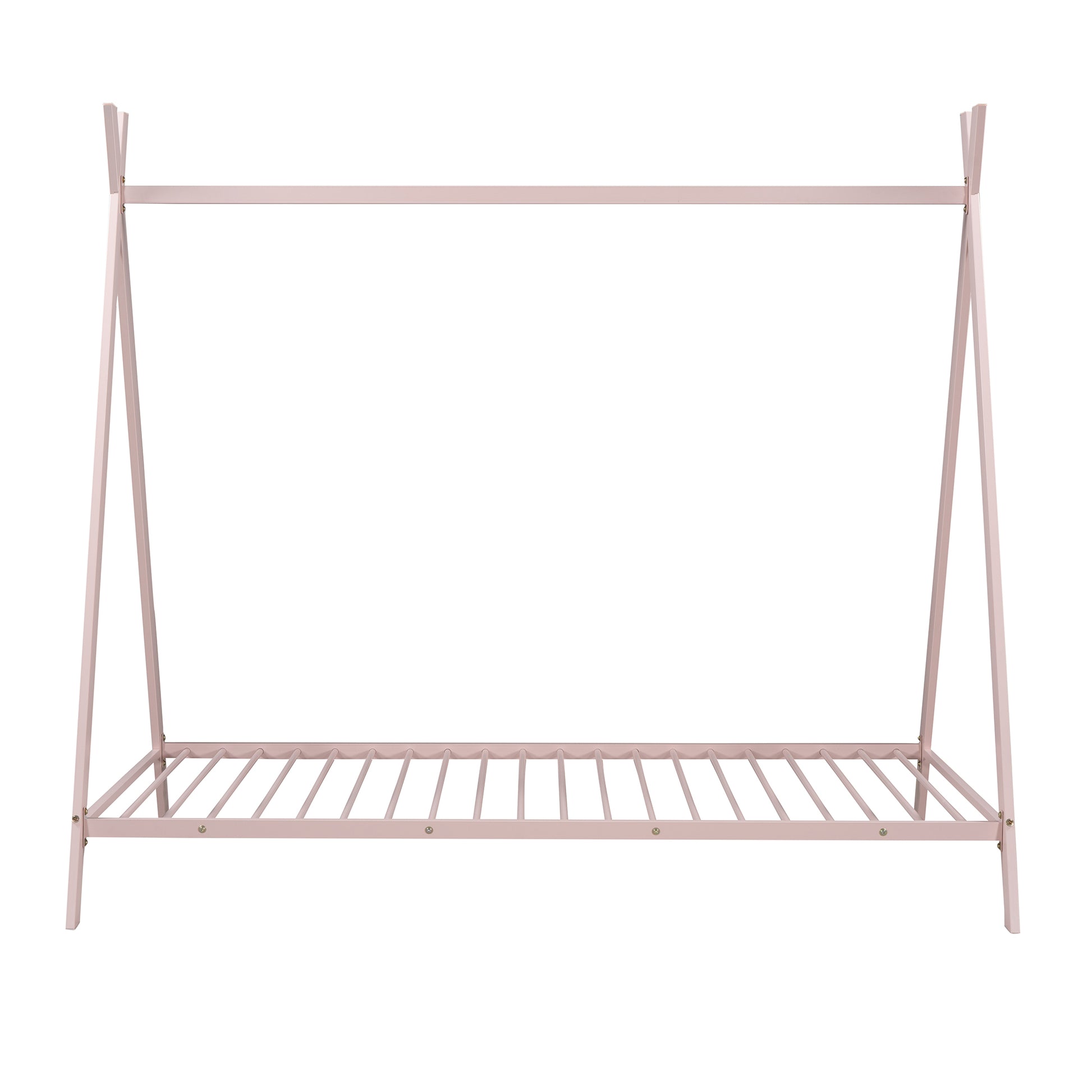 Pink metal Aframe clothing rack with a slatted base for organizing apparel
