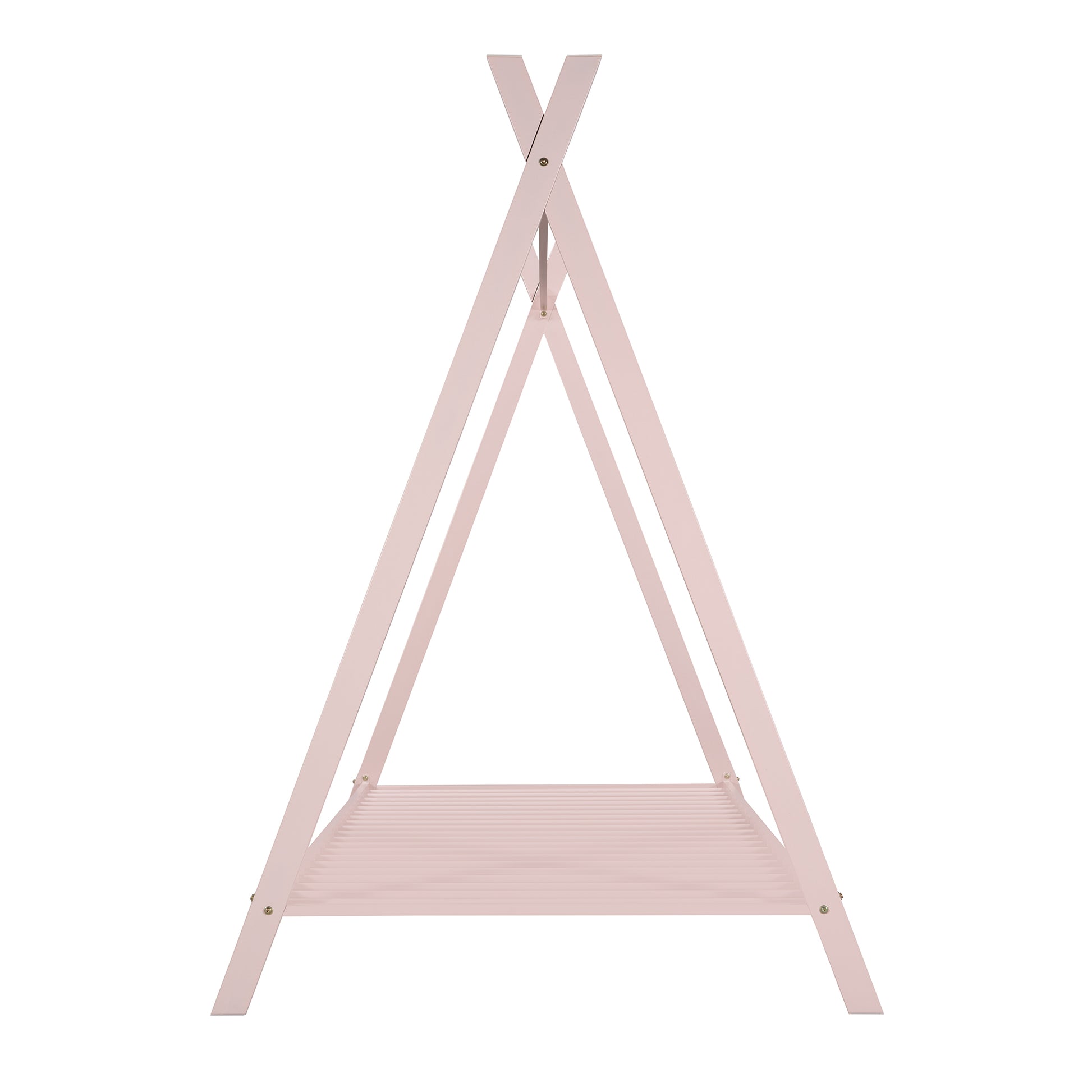 Pink wooden teepee bed frame with slatted base