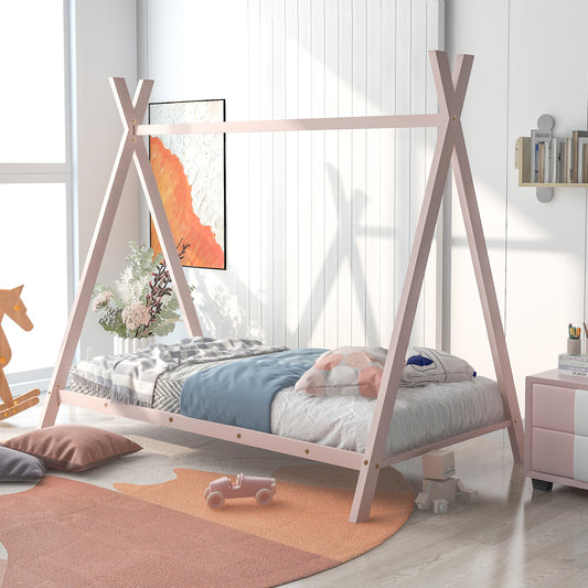Pink wooden teepee bed frame with white bedding and blue blanket