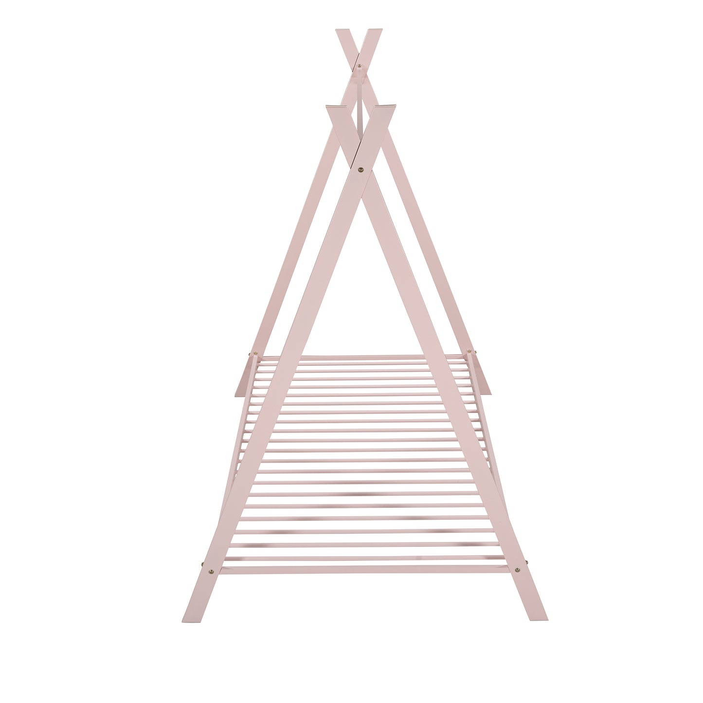 Pink wooden teepee bed frame with slatted mattress support