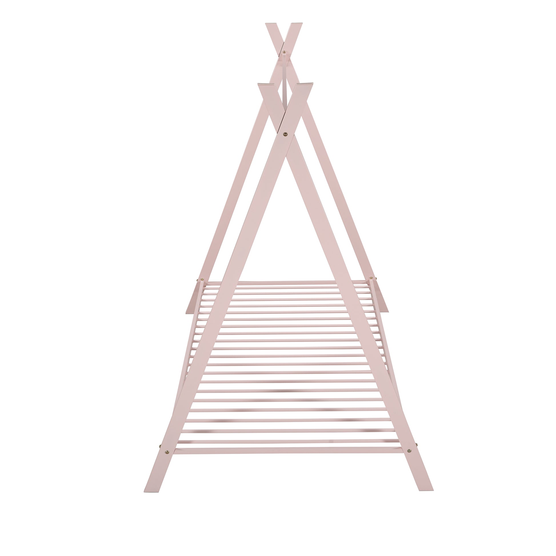 Pink wooden teepee bed frame with slatted mattress support