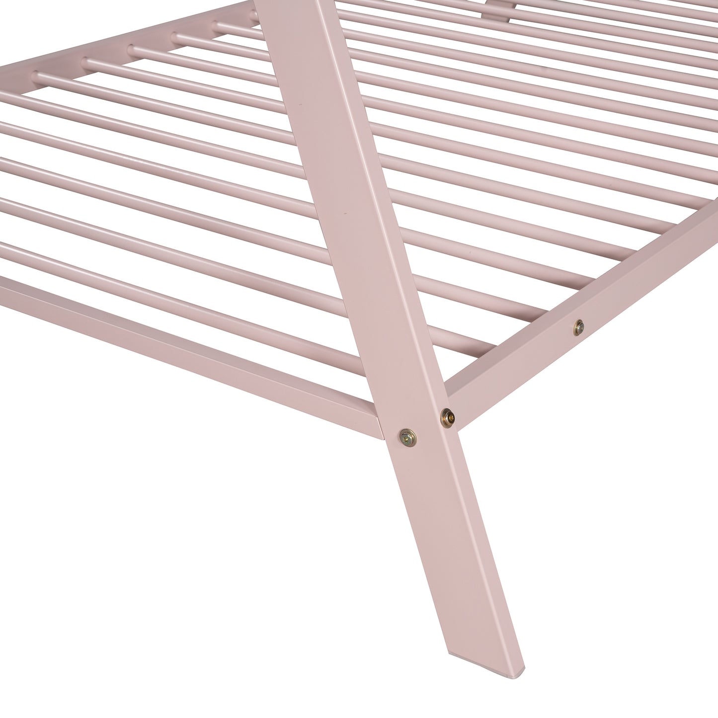 Pink metal crib frame detail with parallel slats and angled legs for baby safety