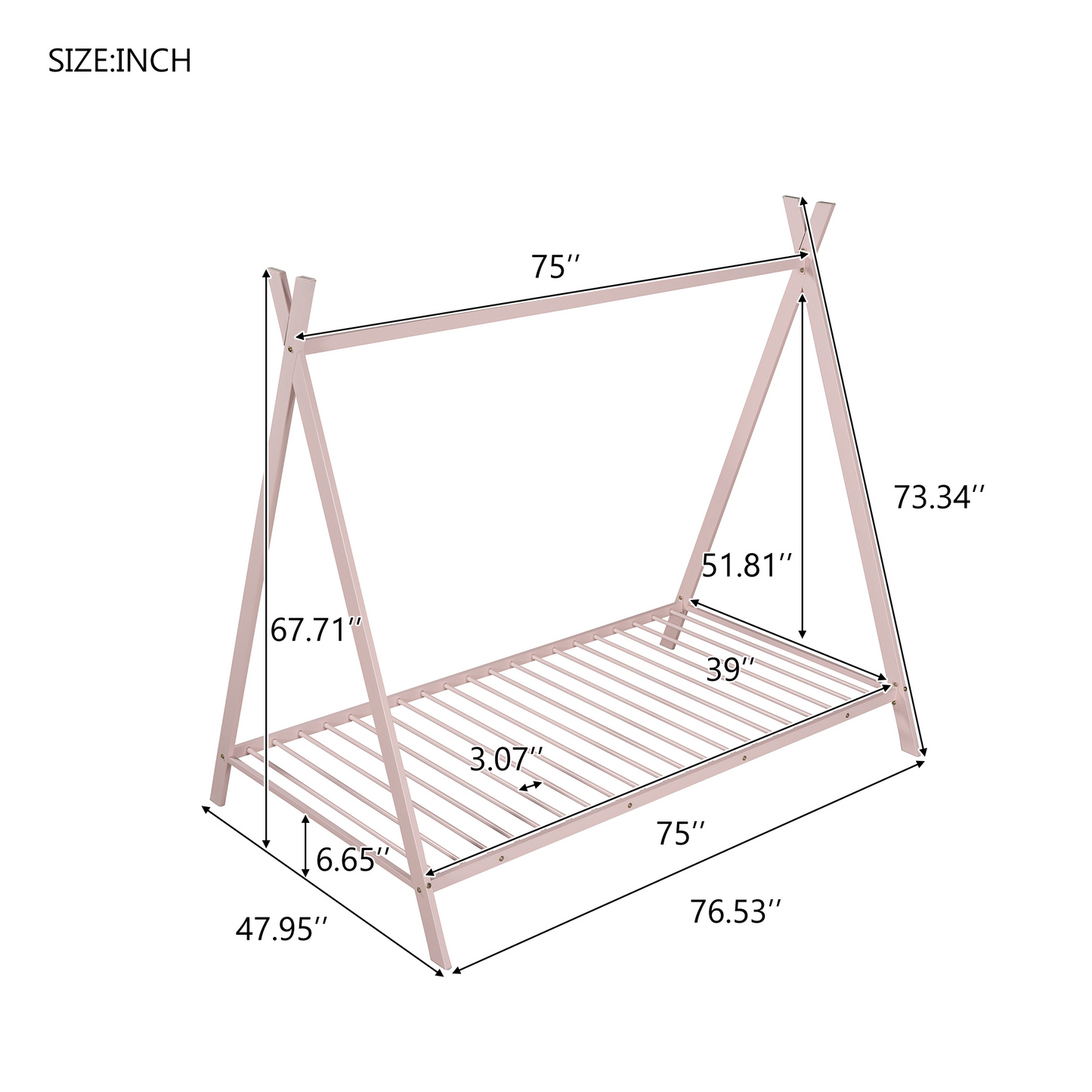 Pink teepee twin bed frame with detailed dimensions shown